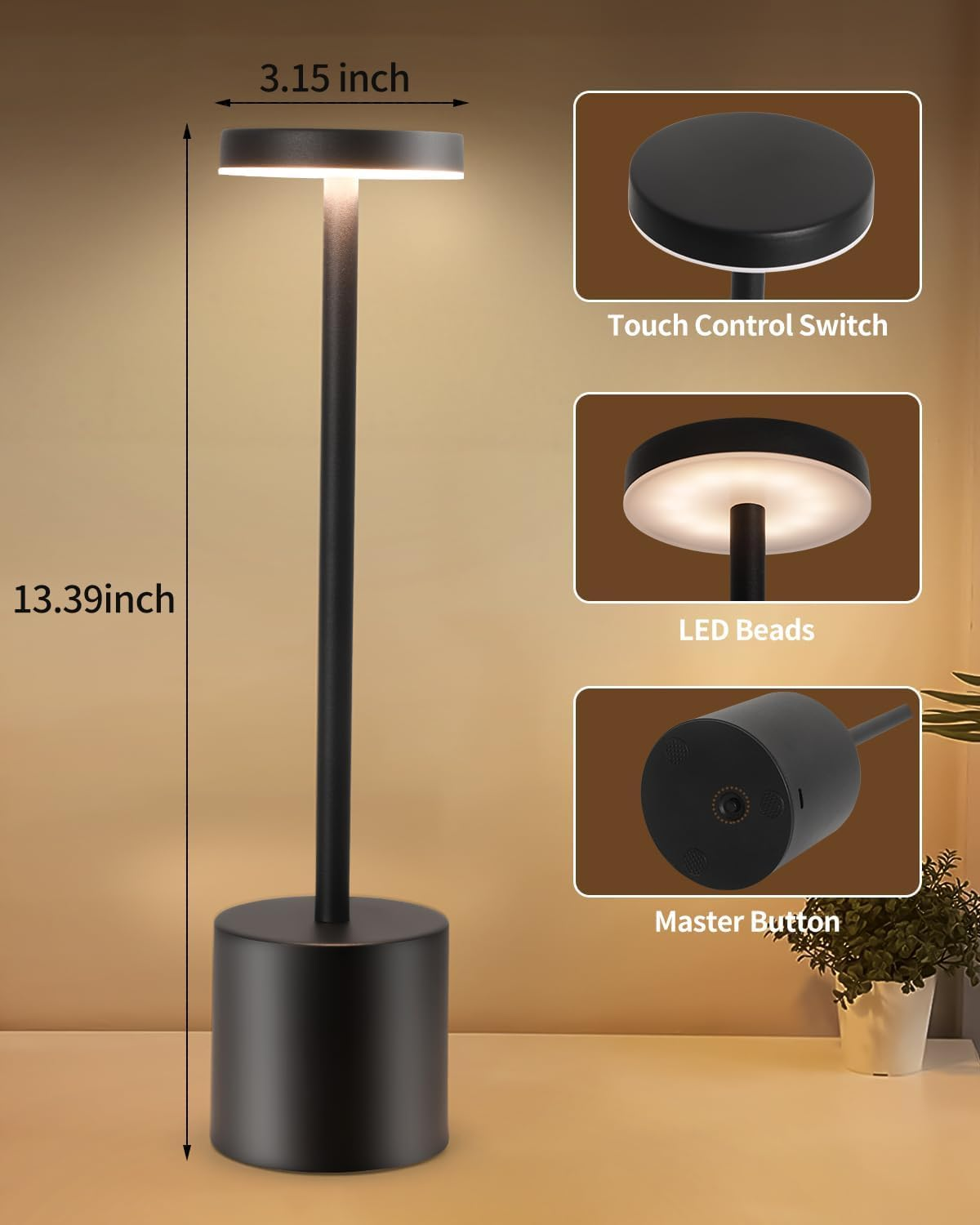 2 Pack Cordless Table Lamp, Rechargeable Lamp with 4000Mah Battery, 8-35Hrs Wireless LED Desk Lamp, 3 Color Modes Dimmable Bedside Lamp for Home Office, Caf&eacute;, Outdoor Patio