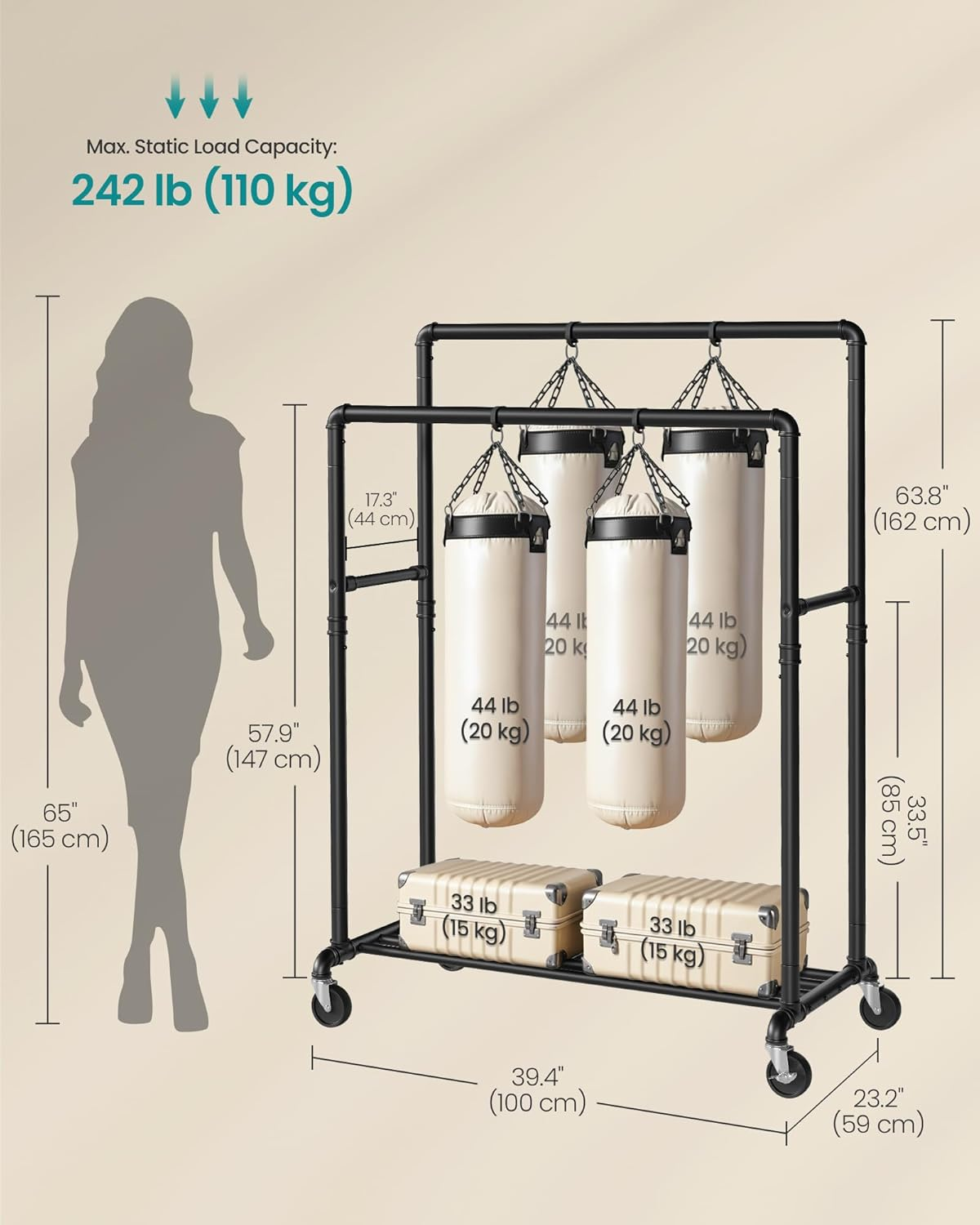 SONGMICS Heavy-Duty Clothes Rack, Double-Rod Clothing Rack for Hanging Clothes, Industrial Garment Rack on Wheels, Metal Frame, 2 Casters with Brakes, Commercial Display, Black UHSR60B image number 6