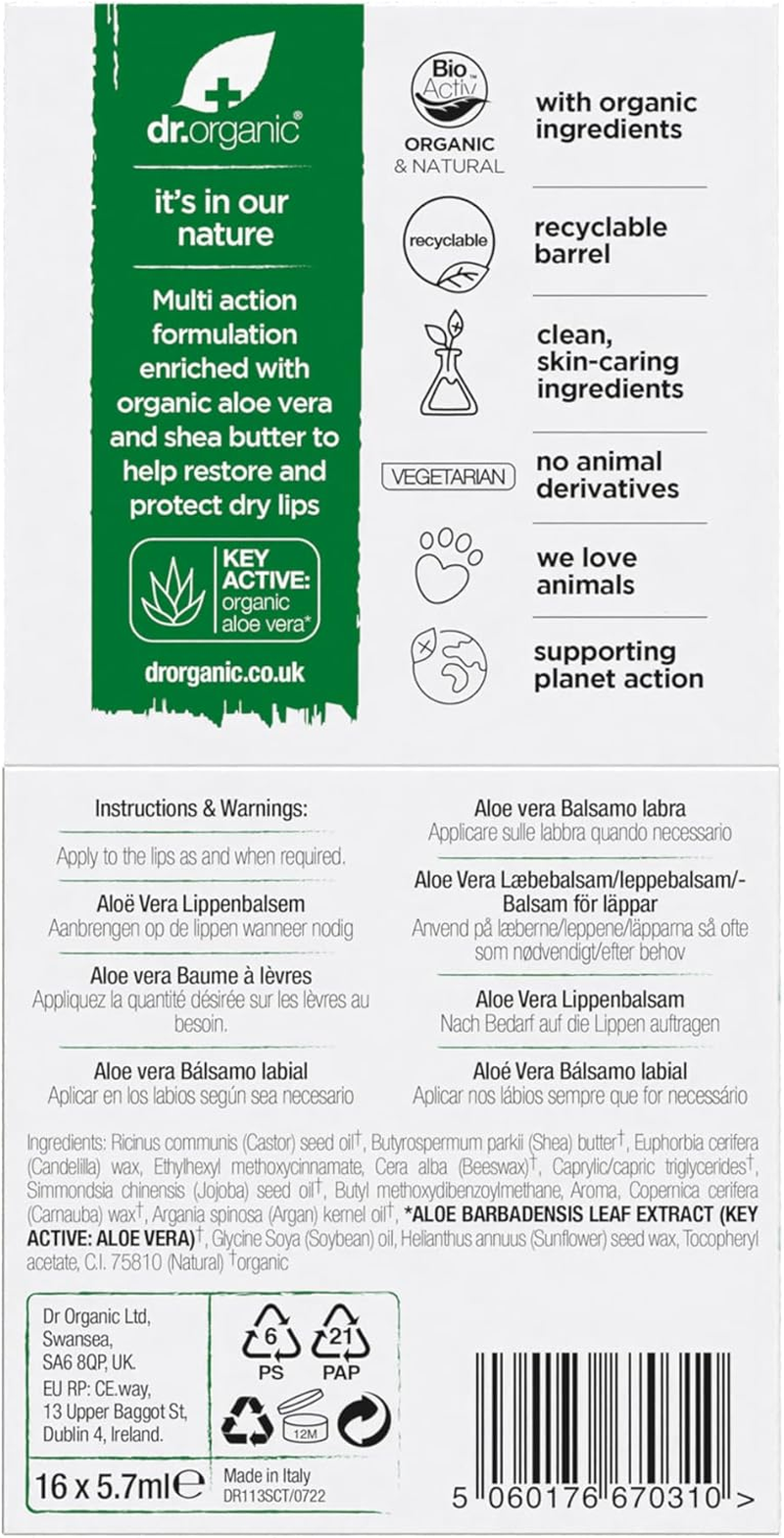 Dr Organic Aloe Vera Lip Balm, Moisturising, SPF 15, Mens, Womens, Natural, Vegetarian, Cruelty-Free, Paraben & Sls-Free, Organic, 5.7Ml image number 3
