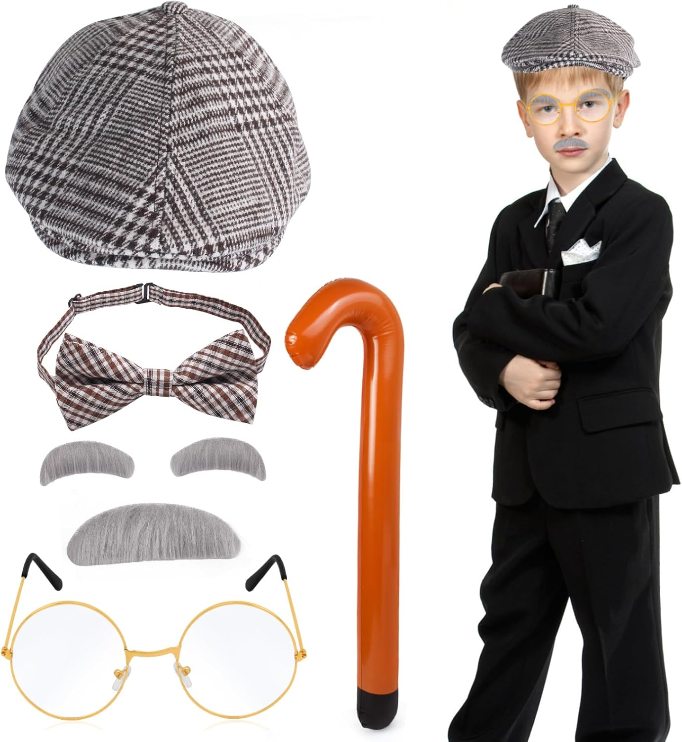 Yewong Kids Old Man Costume Beret Hat Mustache Eyebrows Inflatable Cane Glasses Bowite Grandpa 100 Days of School Cosplay