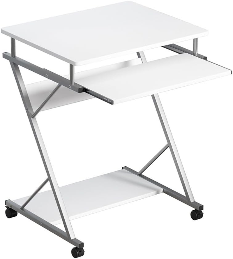 Artiss Computer Desk 60Cm White Particle Board Z Shape Steel Frame Office Laptop Desks Study Student Table, Home Furniture for Room, Portable with Wheels Keyboard Tray Bottom Shelf
