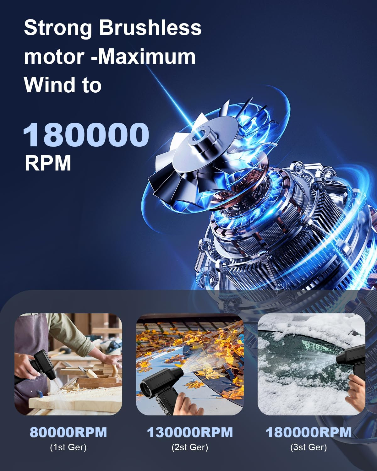 Compressed Air Duster, Super Powerful 180000 RPM Electric Air Duster Turbo Fan Stepless Speed Adjustable Powerful Blower High Speed Duct Fan-Air Broom for Home Outdoor Dust Rain Snow Car Dry Keyboards image number 2