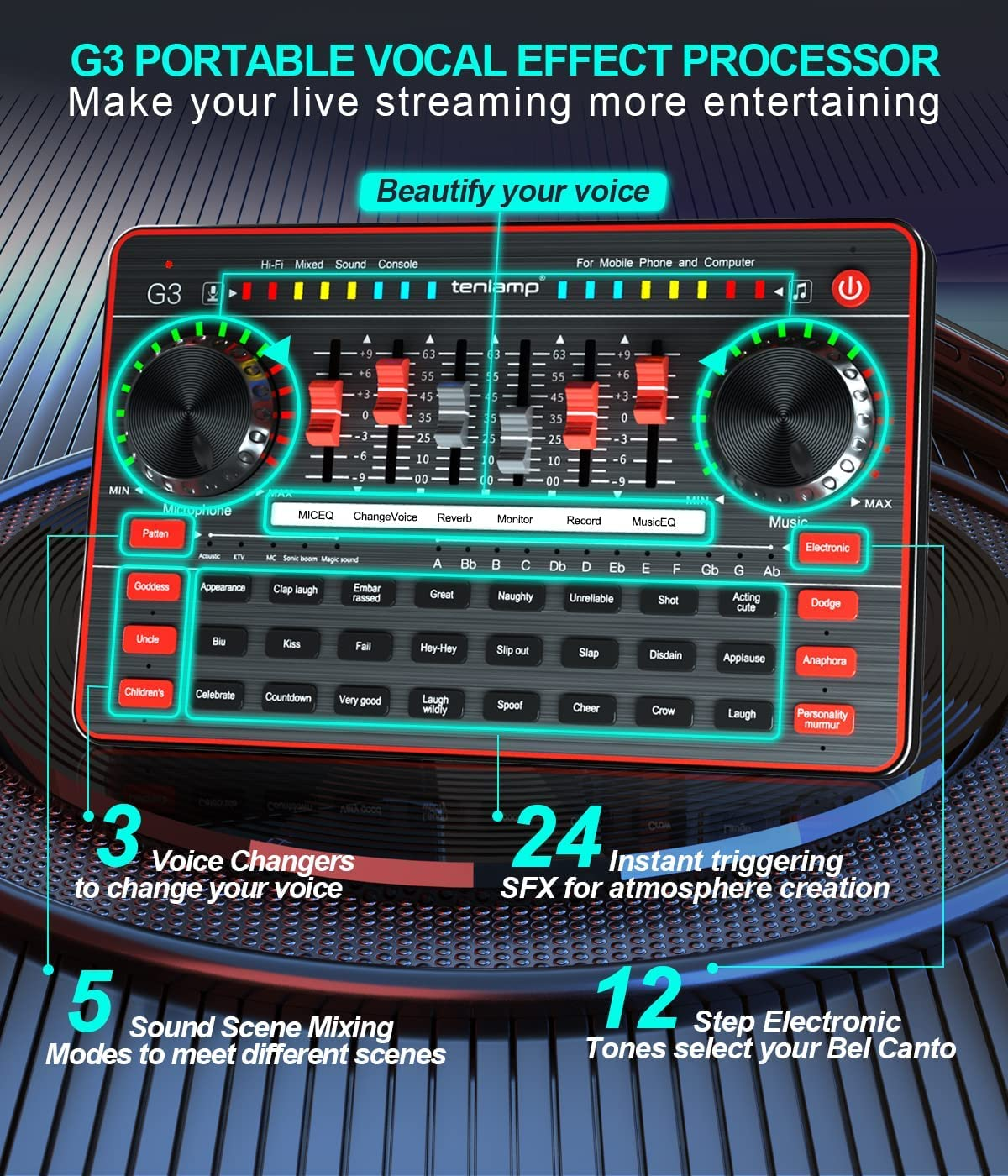 Audio Mixer with Sound Card, Tenlamp Two 3.5Mm Studio Condenser Microphone and G3 Audio Interface, Sound Board Voice Changer, Podcast Equipment Bundle for PC Recording Gaming Live Streaming Podcast image number 3