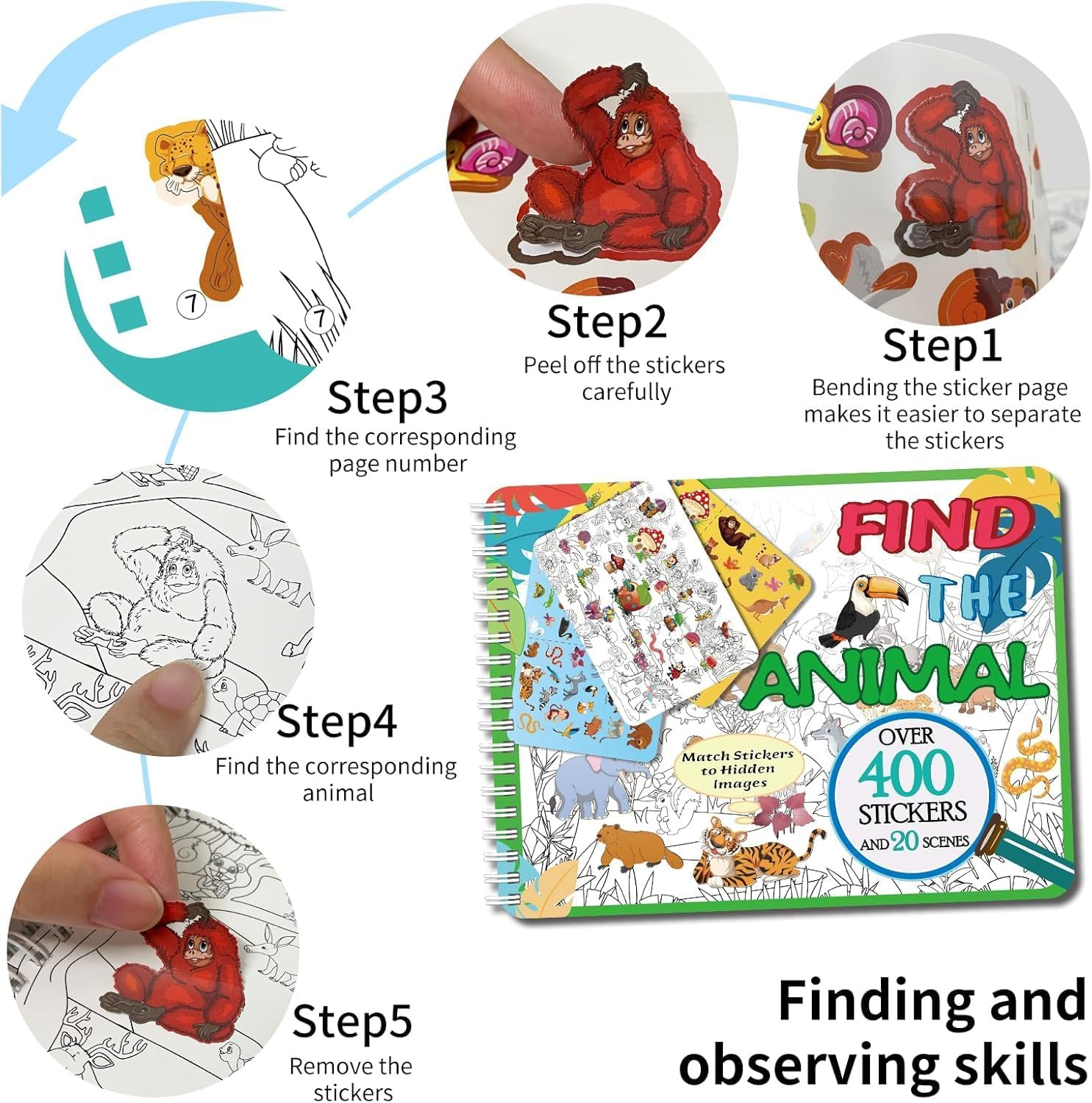 OSIMIG Find the Animal Sticker Books, Sticker Books for Kids, Include 20 Hidden Theme, Sticker Activity Books for Toddlers, Kids Educational Toys image number 2