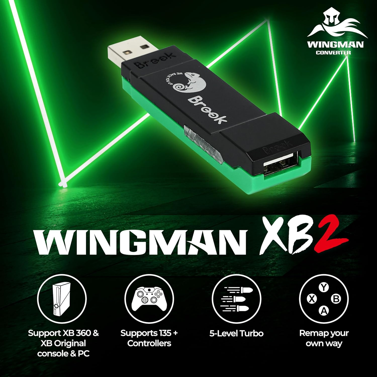 Brook Wingman XB 2 Converter with Keychain - Wireless Controller Adapter for XB 360, XB Original Consoles and PC, Supports Remap and Adjustable Turbo [Exclusive Version]