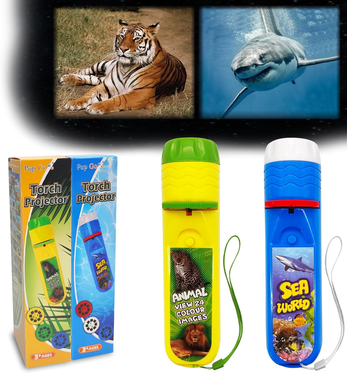 Pup Go Animal Torch and Projector with 3 Discs 24 Images, Kids Torch for Boys, Animal Toys Small Gifts for Children, Cool Present for Toddler Age 3 4 5 6 7 Year Old(Animal)