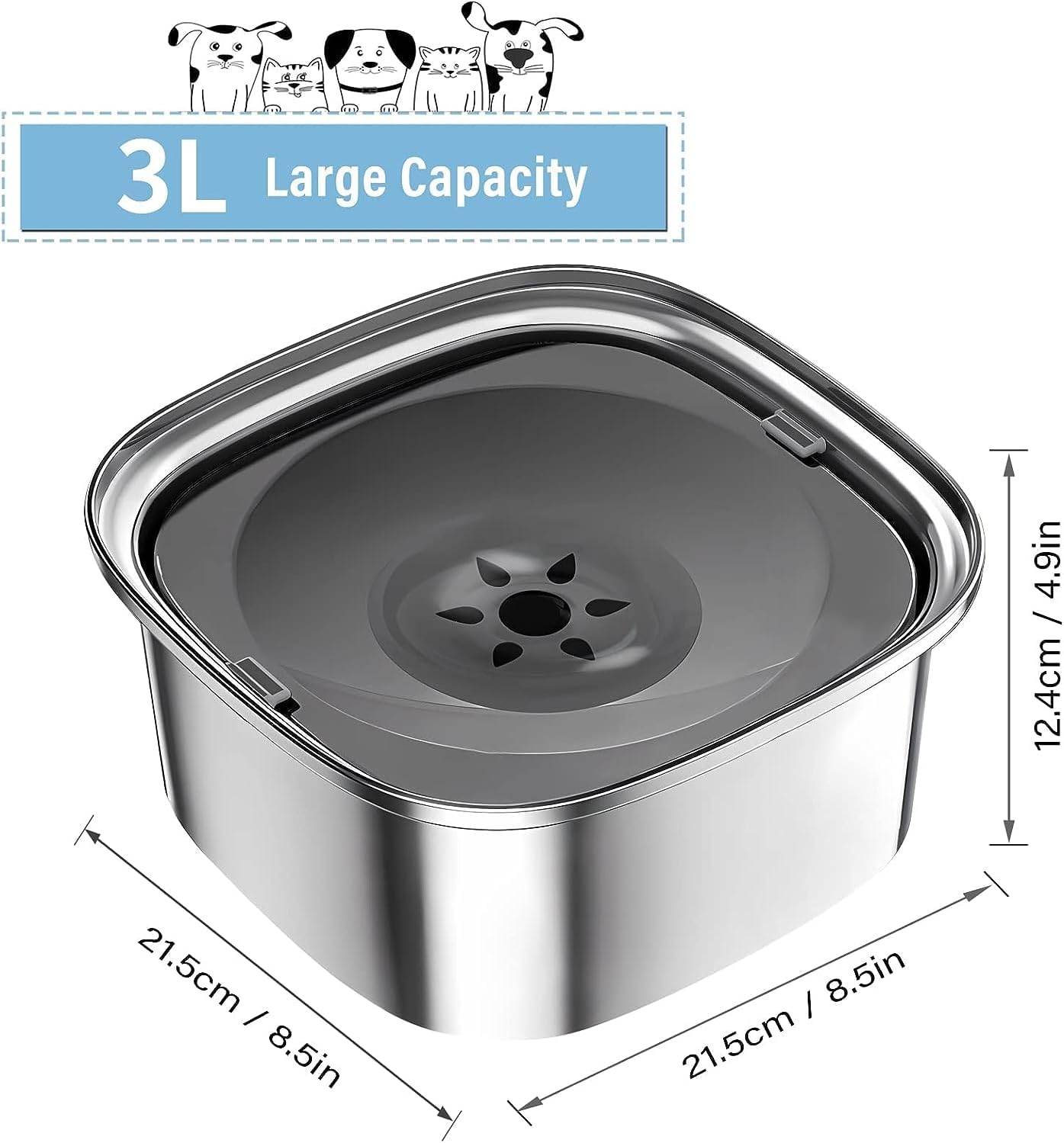 Dog Water Bowl 3L 101Oz Stainless Steel No Spill Dog Bowl Large Capacity Slow Water Feeder, Spill Proof Dog Bowl Pet Water Dispenser Vehicle Carried Slow Drinking Water Bowl for Dogs, Cats (Grey) image number 2