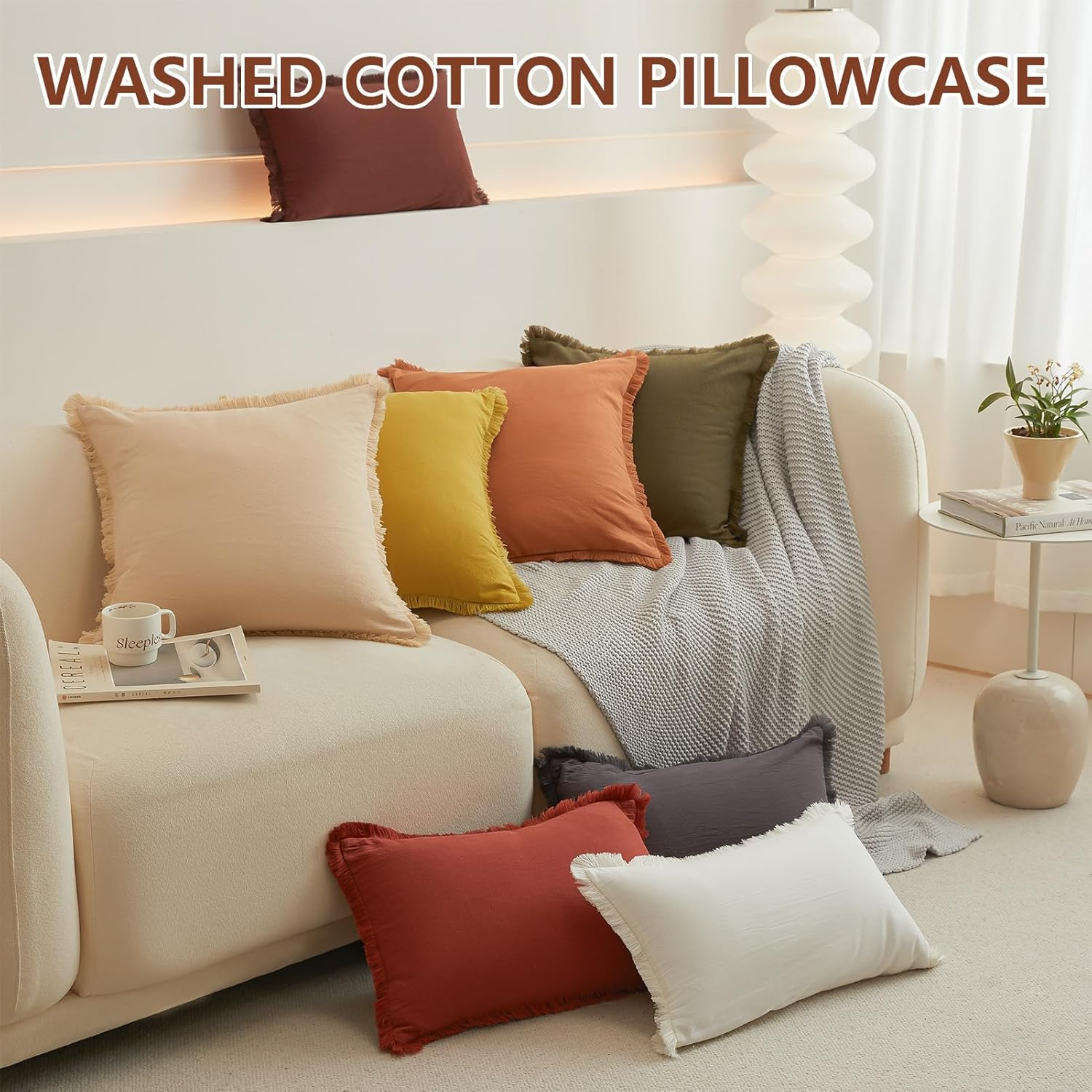 Square Pillow Covers 45X45Cm Set of 2 Cotton Pillow Covers with Fringe Soft Decorative Throw Pillows for Couch, Bed, and Home Decor White image number 2