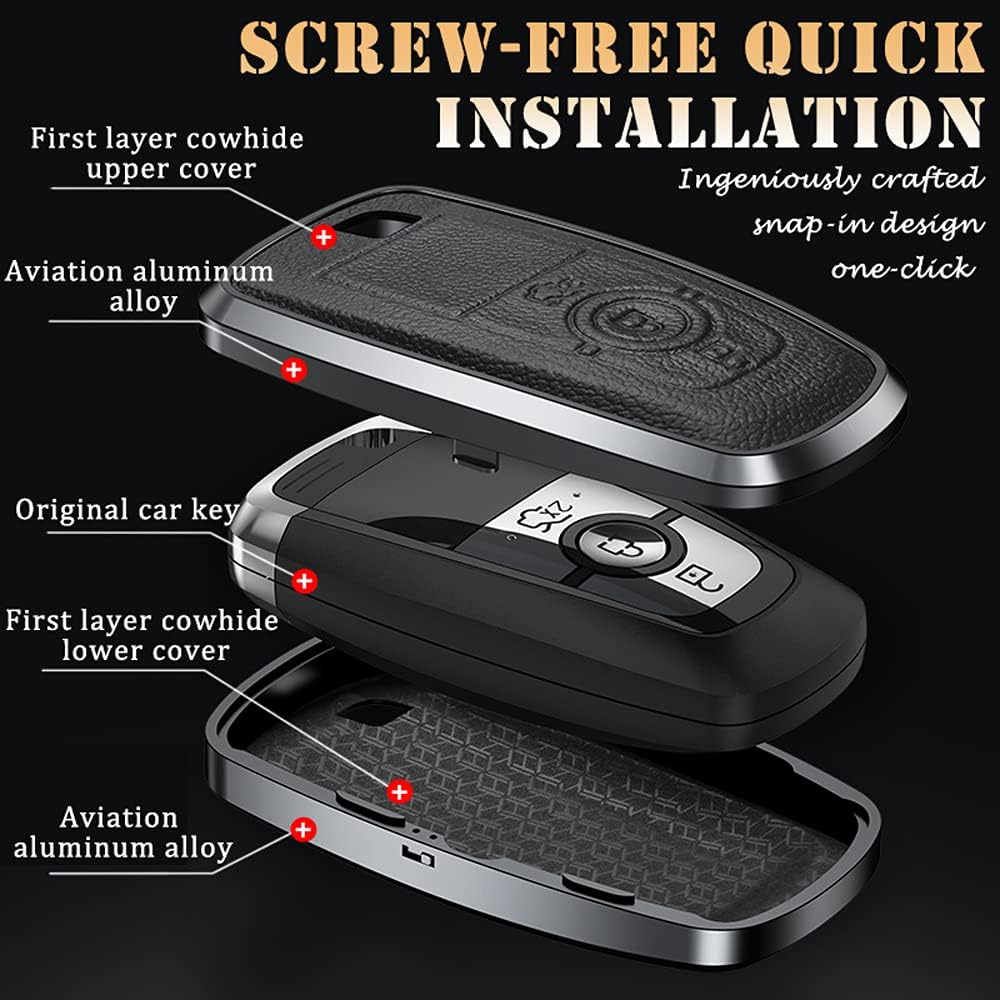 Ontto Alu Alloy Car Key Fob Cover Keyring Fit for Ford Fusion Mustang Explorer F150 F250 F350 Ranger Mondeo Leather Remote Key Case Key Holder Keychain Accessories 3 Buttons Black image number 6