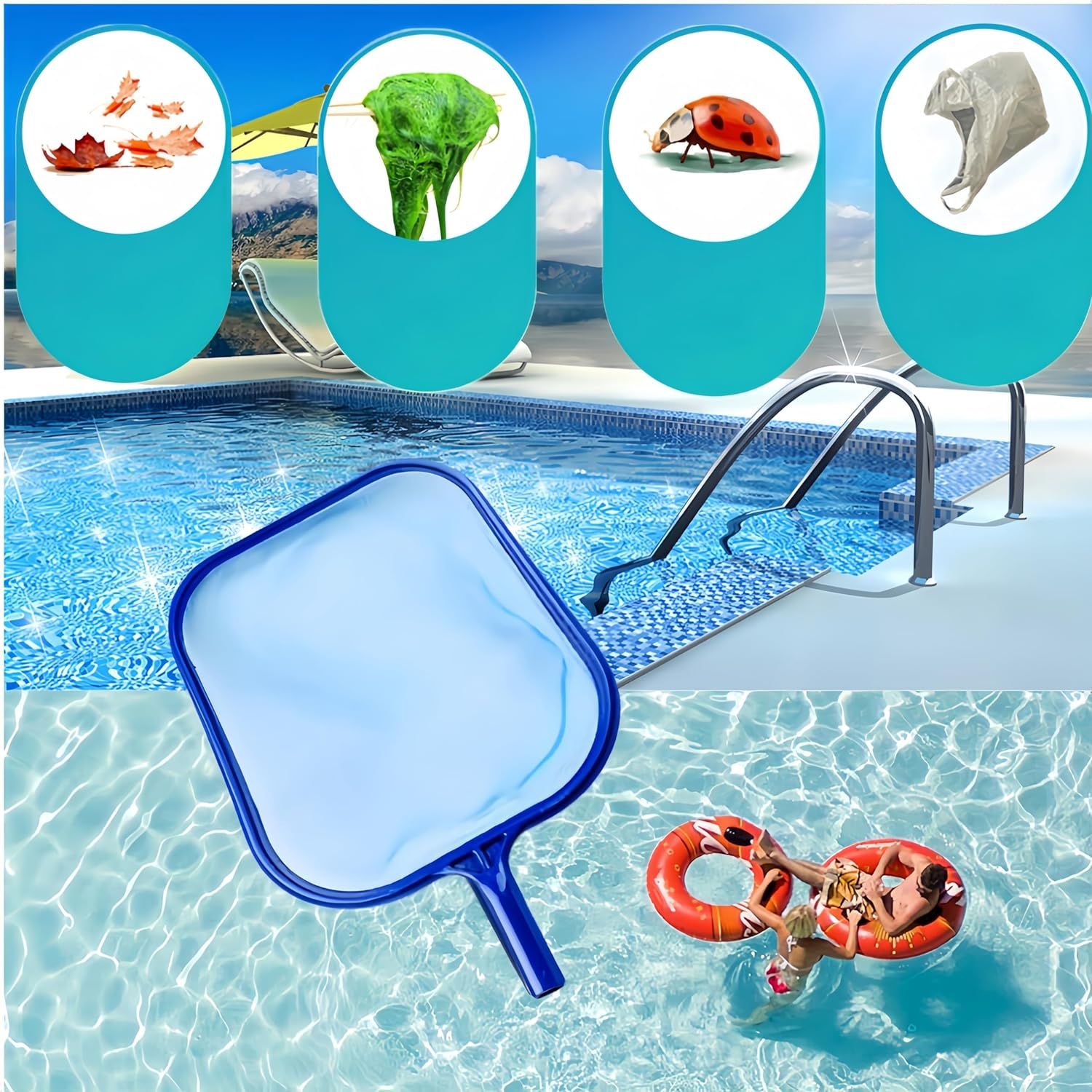 Professional Pool Skimmer Net, Heavy Duty Swimming Pool Leaf Cleaning Net with Telescopic Pole, 3 Section Pole, Adjustable Swimming Pool Cleaning Leaf Skim Net, Skimmer Mesh Rake Net for Pools image number 1