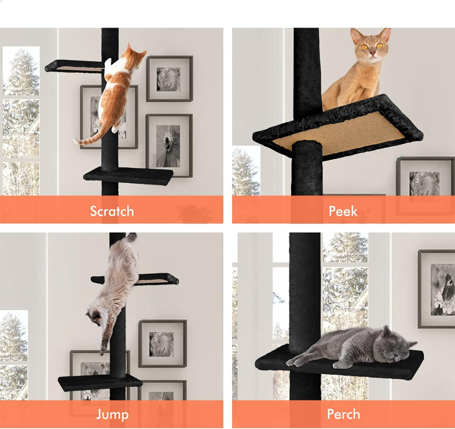 BEASTIE Cat Tree 230-286Cm Floor to Ceiling 4 Tier Adjustable Cat Tower, Multi-Level Scratcher Tower, Condo Play House Wood Furniture for Kittens Climbing, Black image number 5