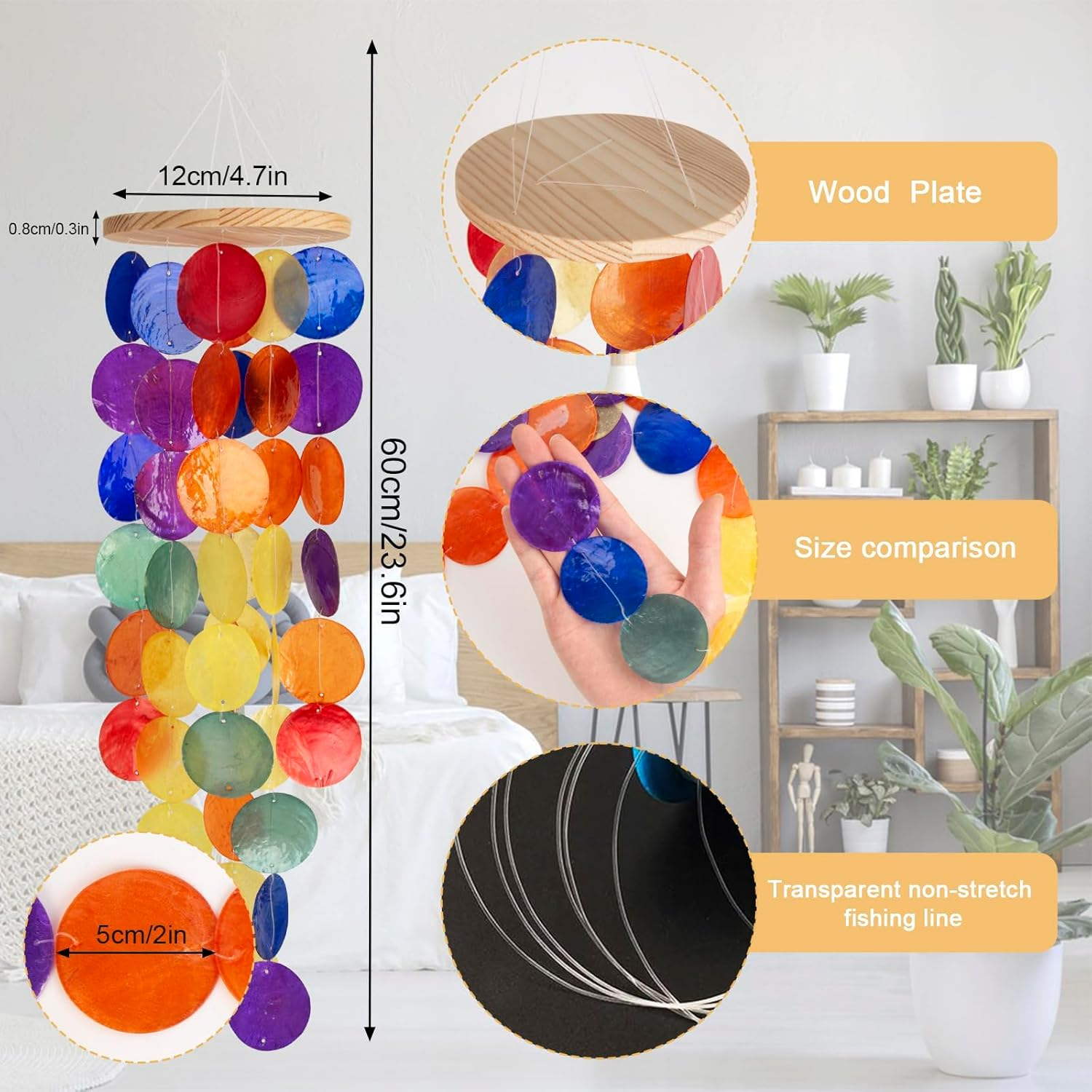 Wind Chimes for outside - Handcrafted Rainbow Capiz Shells Windchime Coastal Style Decor for Indoor/Outdoors, Garden Decor, Great Present for Women, Wind Chimes Lovers and More image number 2