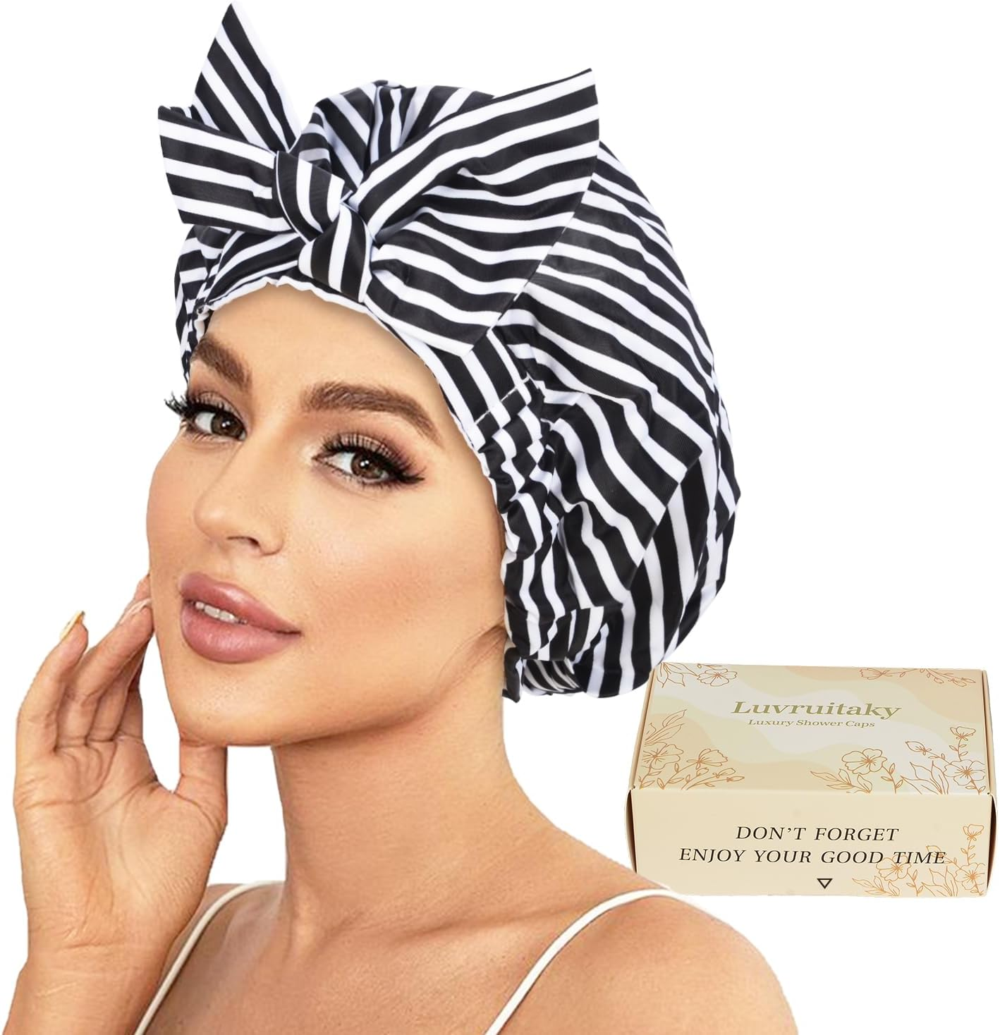Luvruitaky Shower Cap Luxury Shower Caps for Women Reusable Waterproof Hair Cap for Shower with Adjustable Bowknot Hair Bath Cap (Black Stripe)