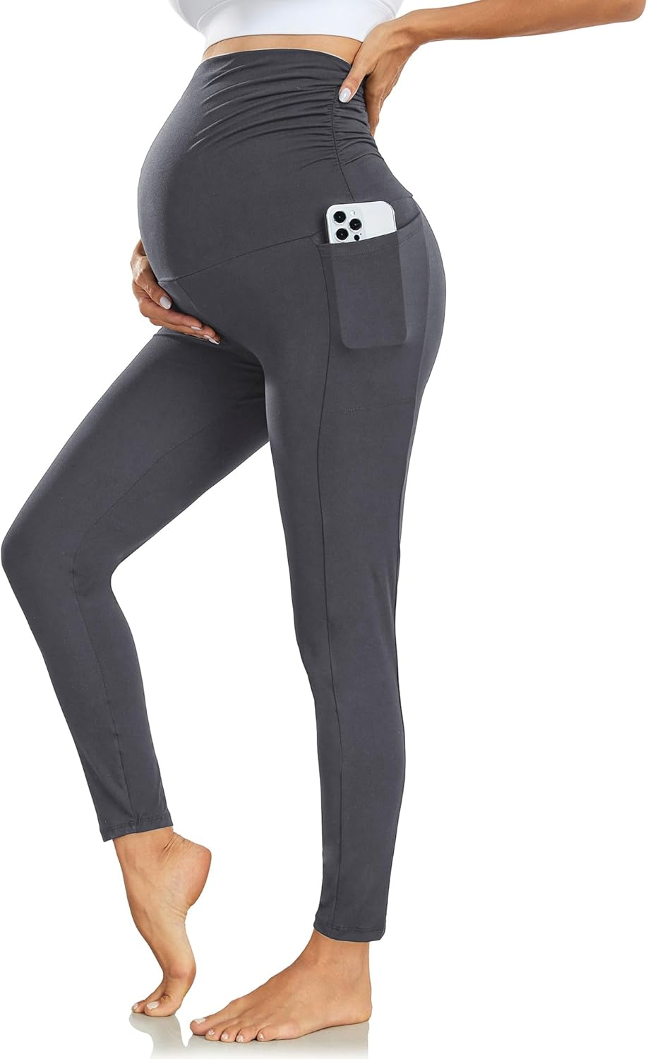 Women'S Maternity Leggings with Pockets High Waistband Pregnancy Leggings Opaque Elastic Maternity Leggings for Pregnant Women, Deep Grey, M