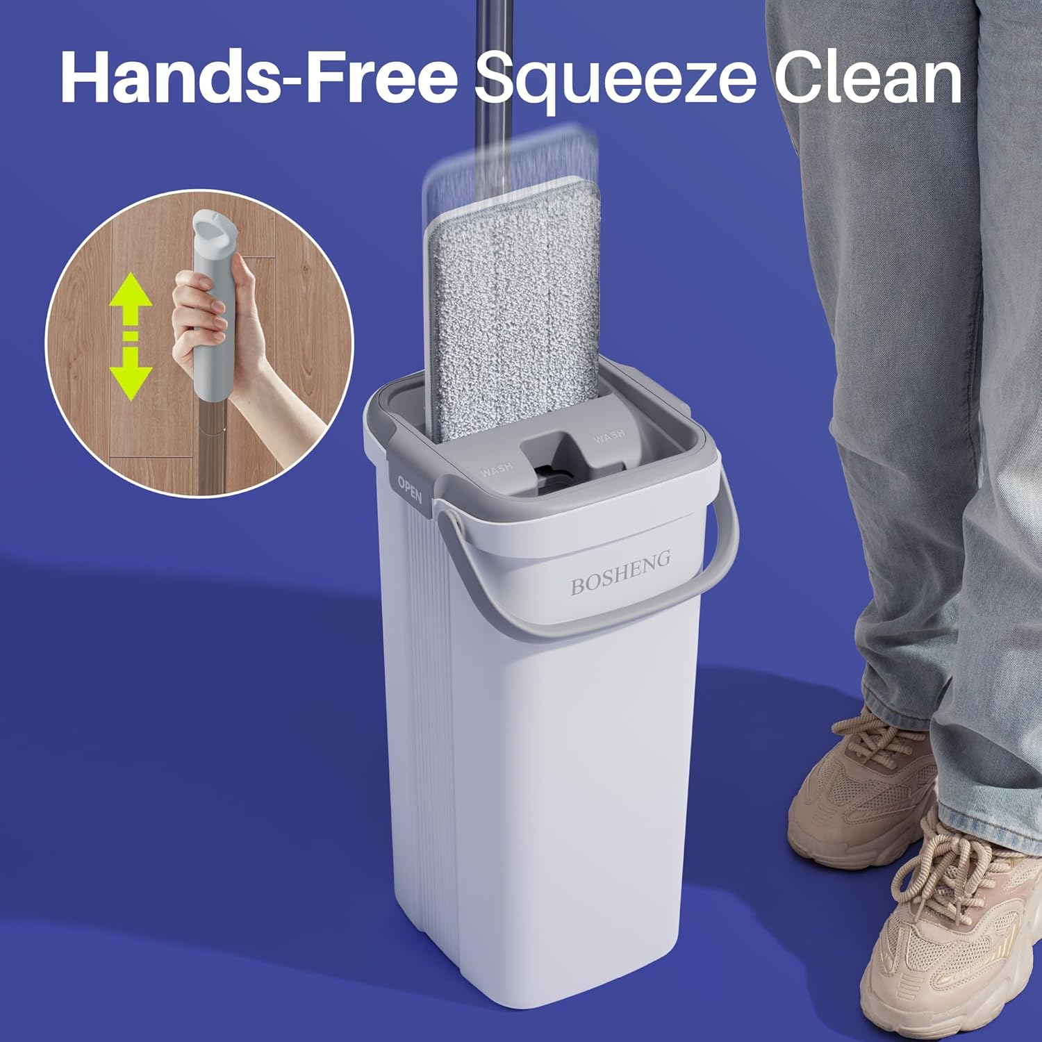 BOSHENG Mop and Bucket with Wringer Set, Flat Floor Mop and Bucket, with Long Handle and 2 Microfiber Reuseable Pads, Wet and Dry Use for Household Cleaning and Floor Cleaning image number 2