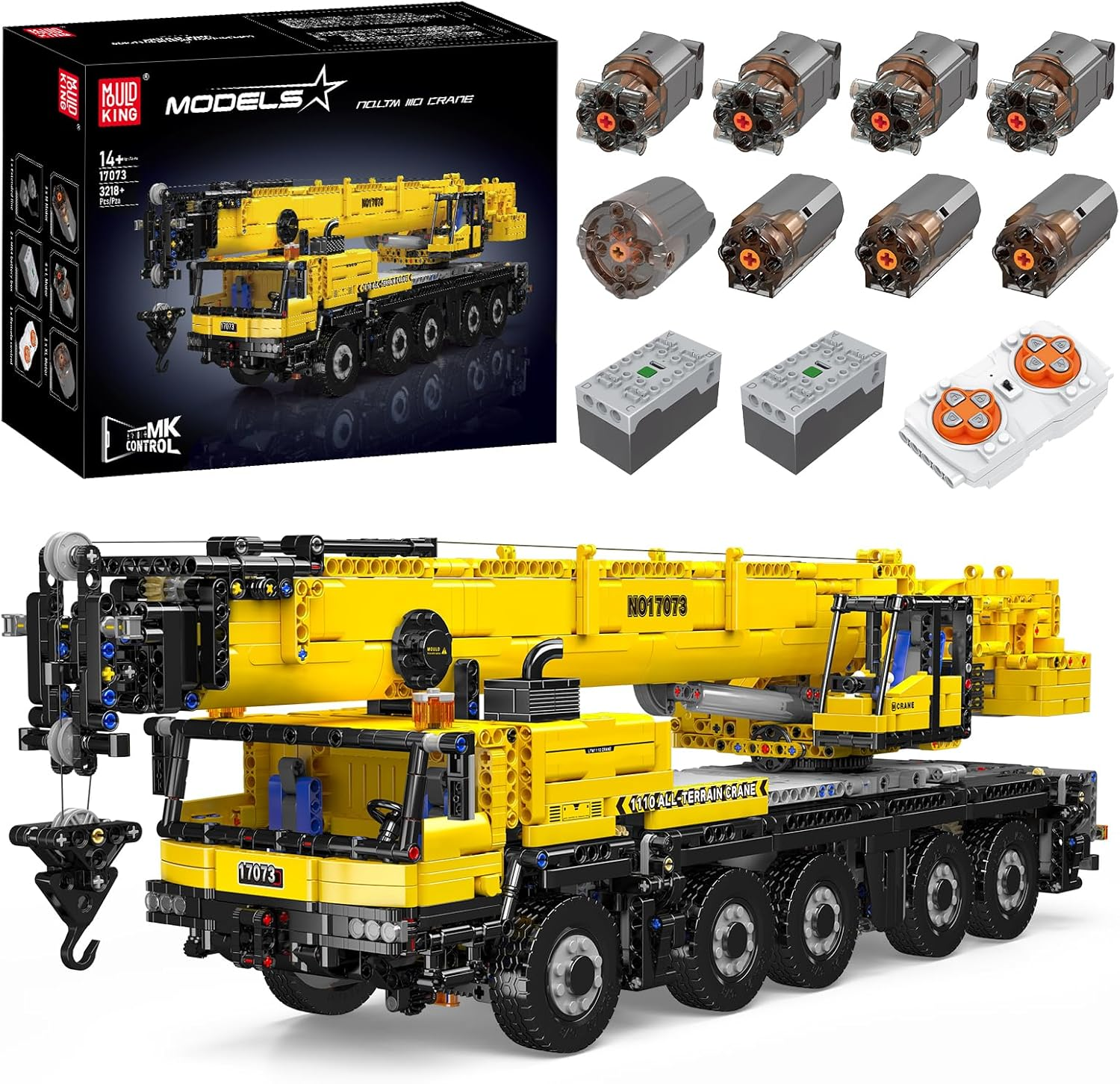 Mould King 17073 Technik LTM 1110 Crane Building Blocks Kit, 3218+ PCS APP Remote Control Engineering Vehicle Model with 8 Motors, MOC Crane Blocks Toy for Kids 14+ and Adults (Yellow)