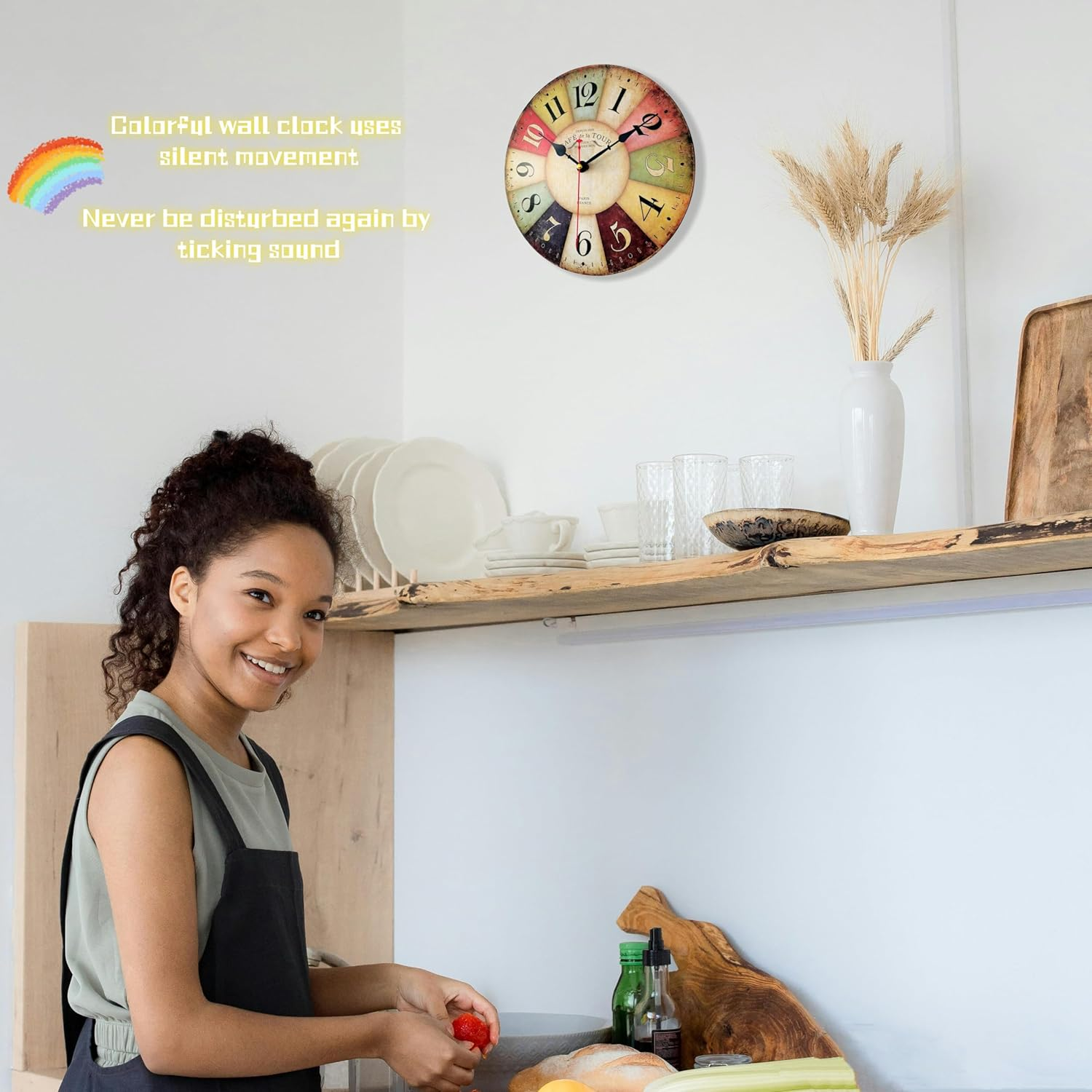 Qukueoy 12 Inch Thick Wood Kitchen Wall Clock Retro Farmhouse Clocks for Living Room Decor Bedroom Restaurant,Silent Battery Operated,Colorful Tuscan Country Style image number 2