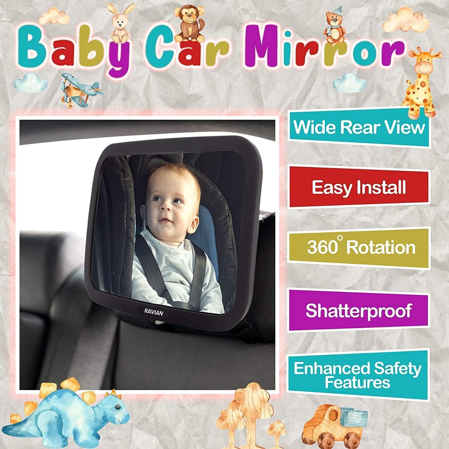 Baby Car Mirror for Back Seat Safest Newborn Essentials with Rear View, Shatterproof, Adjustable to See Rear Facing for Infants, Kids and Pets image number 6