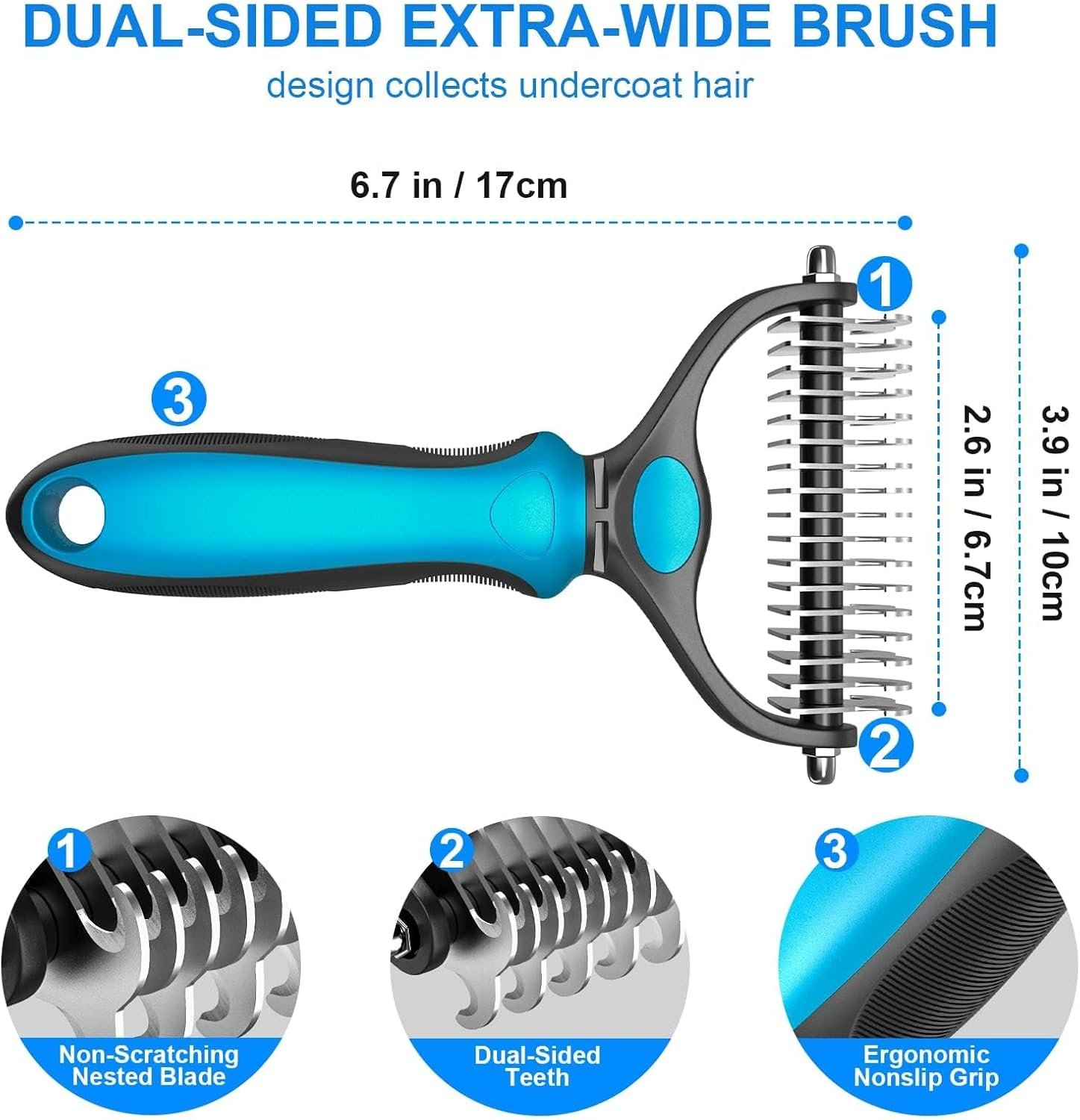 Pet Grooming Brush - Double Sided Shedding, Dematting Undercoat Rake for Dogs, Cats - Extra Wide Dog Grooming Brush, Dog Brush for Shedding, Cat Brush, Reduce Shedding by 95%, Blue