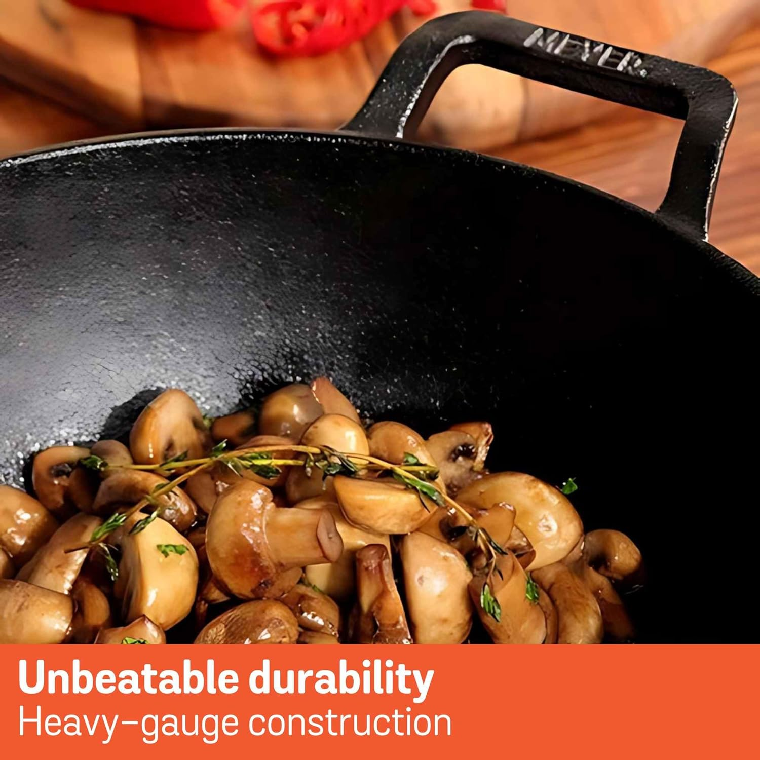 Meyer Pre-Seasoned Cast Iron Wok/Kadai 26Cm with Lid, Induction Compatible, Oven Safe, Heavy-Duty Skillet for Curries & Stir-Fries, Toxin-Free, Campfire Ready, Black image number 2