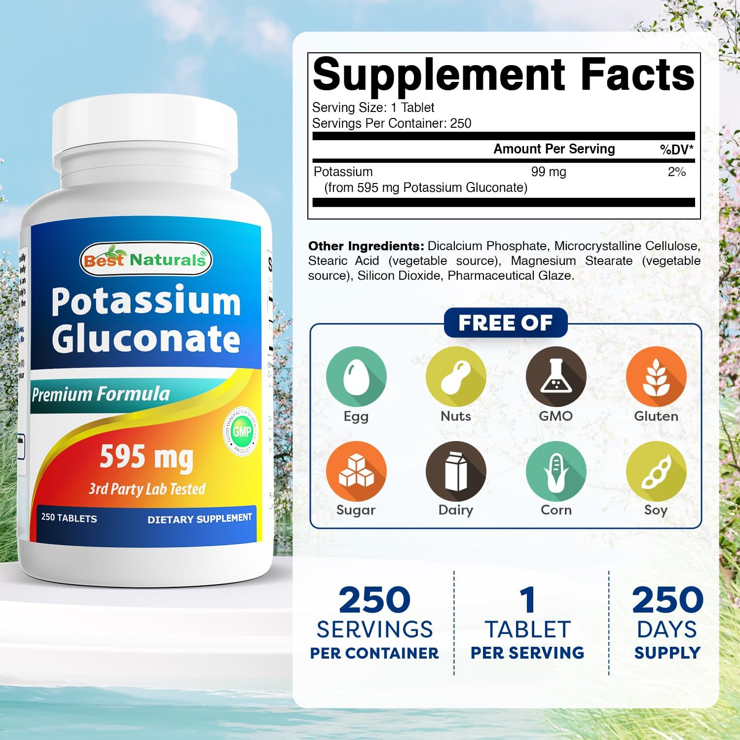 Best Naturals Potassium Gluconate 595 Mg 250 Tablets (250 Count (Pack of 2)) image number 6
