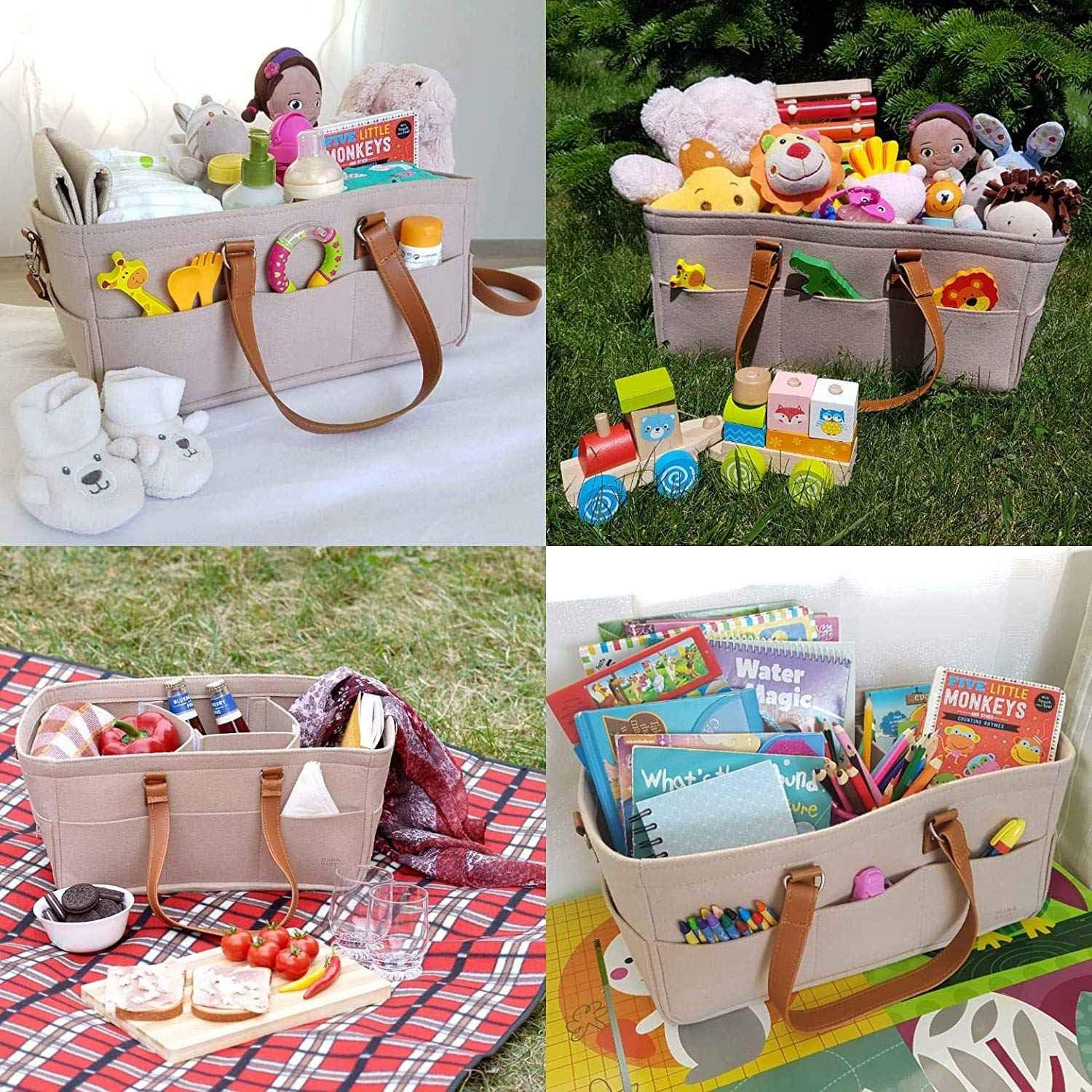 Monland Baby Diaper Organizer, Felt Basket Bag with Customizable Compartments, Leather Handles image number 1