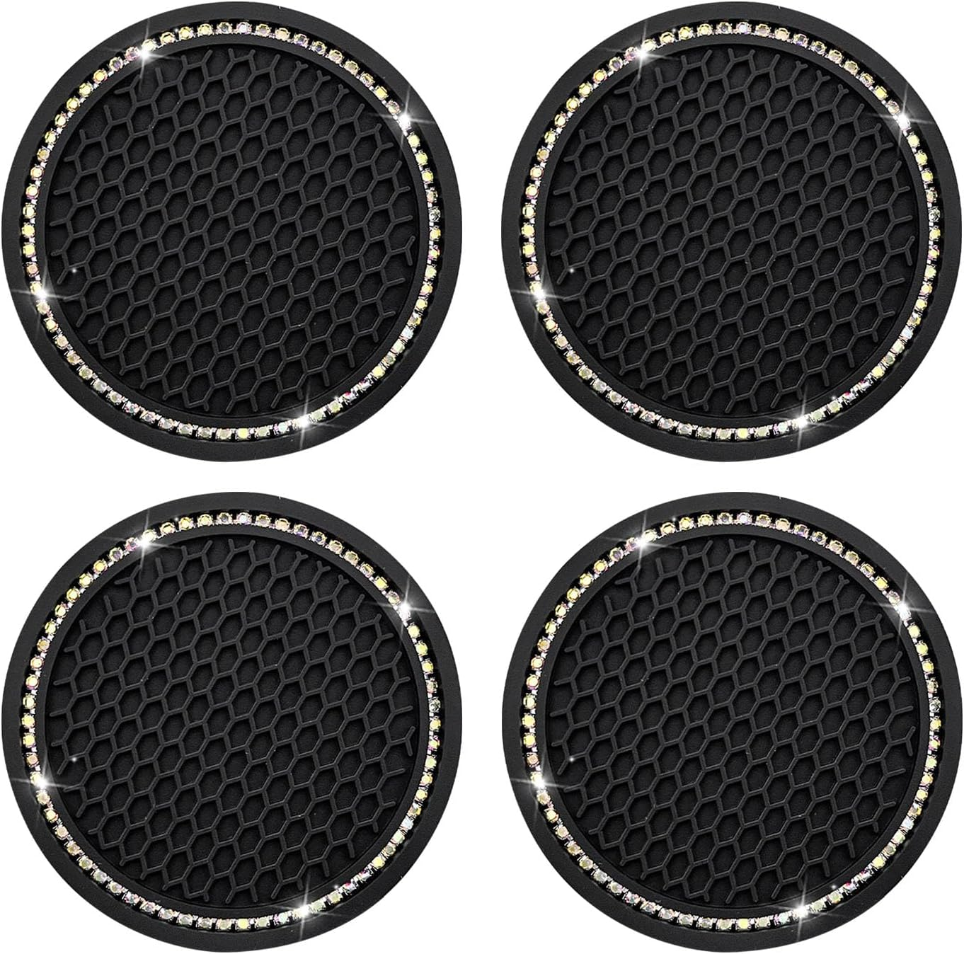 4 PCS Bling Car Cup Coaster, 2.75 Inch Crystal Rhinestone Auto Cup Holder Insert Coaster, Anti-Slip Durable Car Drink Cup Mat, Universal Vehicle Interior Decor Accessories (Black & AB)