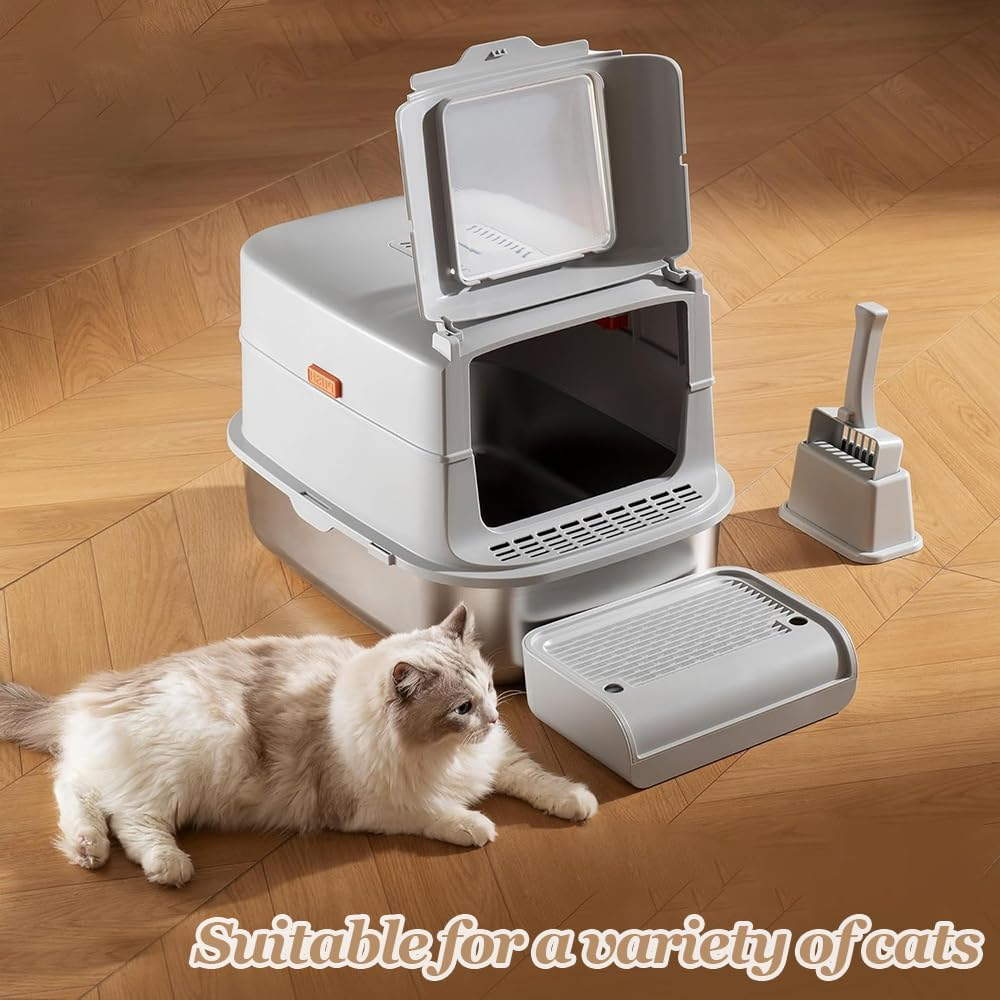 Stainless Steel Removable Cat Litter Box with Lid, Closed Metal Cat Litter Box with High-Sided Shell and Cat Litter Scoop, Leak-Proof, Suitable for Large Cats (Gray) image number 1