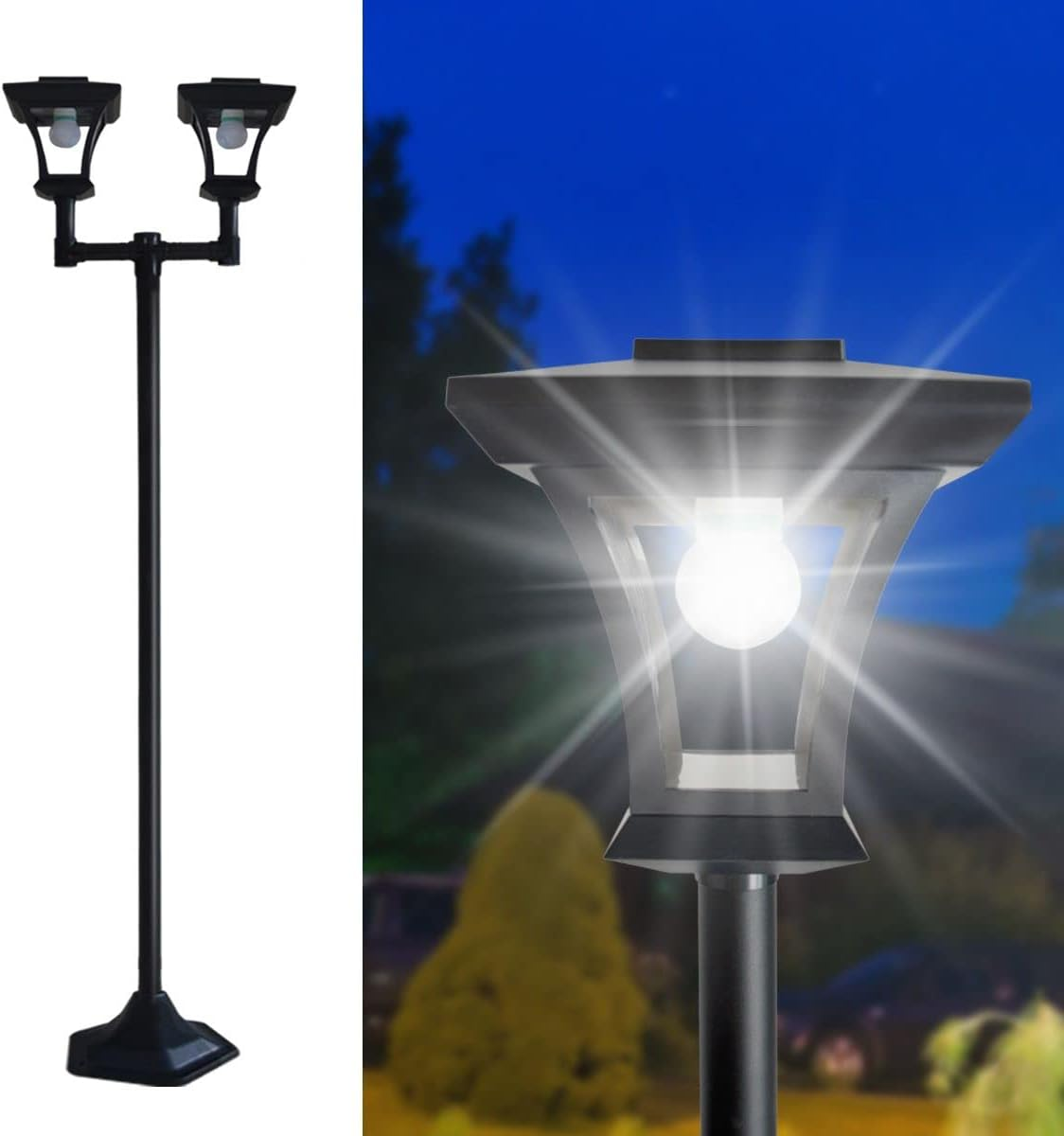 AUSWAY 180Cm Solar Lamp Post Lights Outdoor with Double Lamp, Waterproof Solar Powered Street Lights for Garden, Pathway, Driveway, Front/Back Door, Warm White Solar Post Light, Replaceable Bulb image number 1