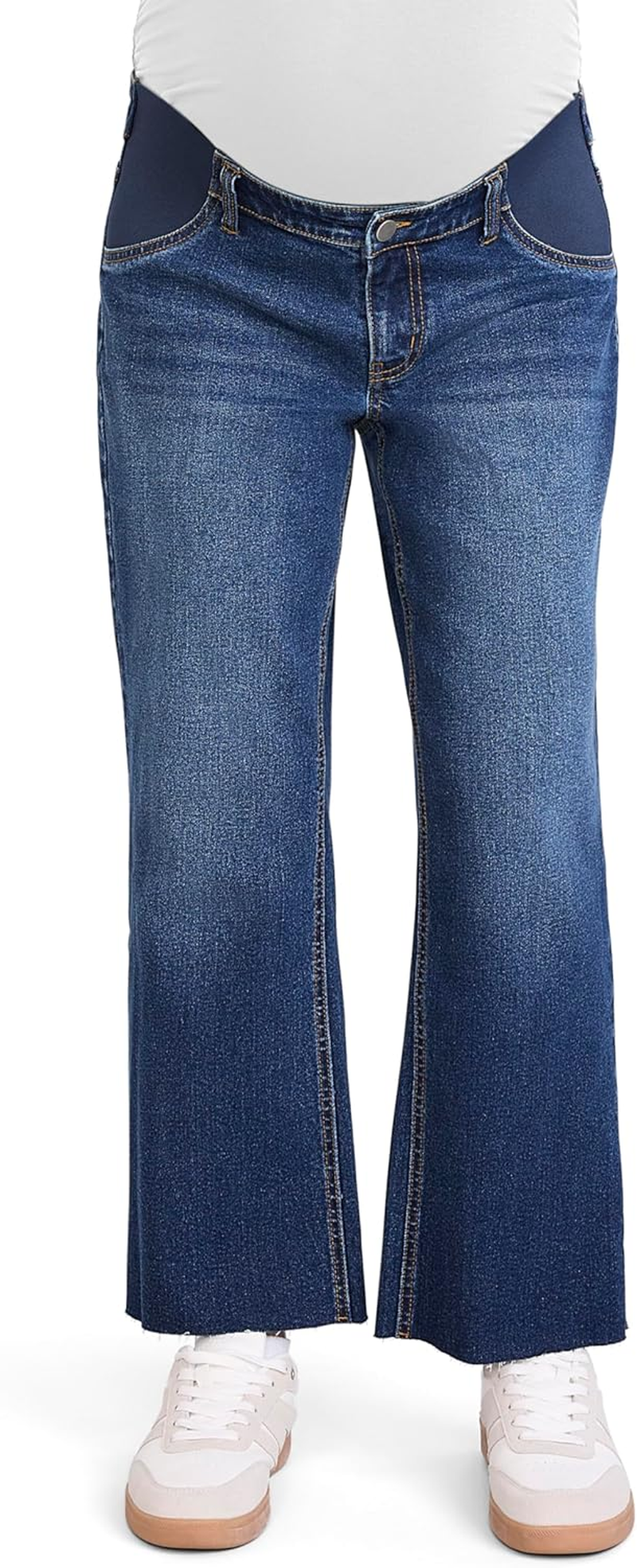 Motherhood Maternity Women'S under the Belly Wide Leg Crop Pregnancy Jeans with Elastic Inset Panels