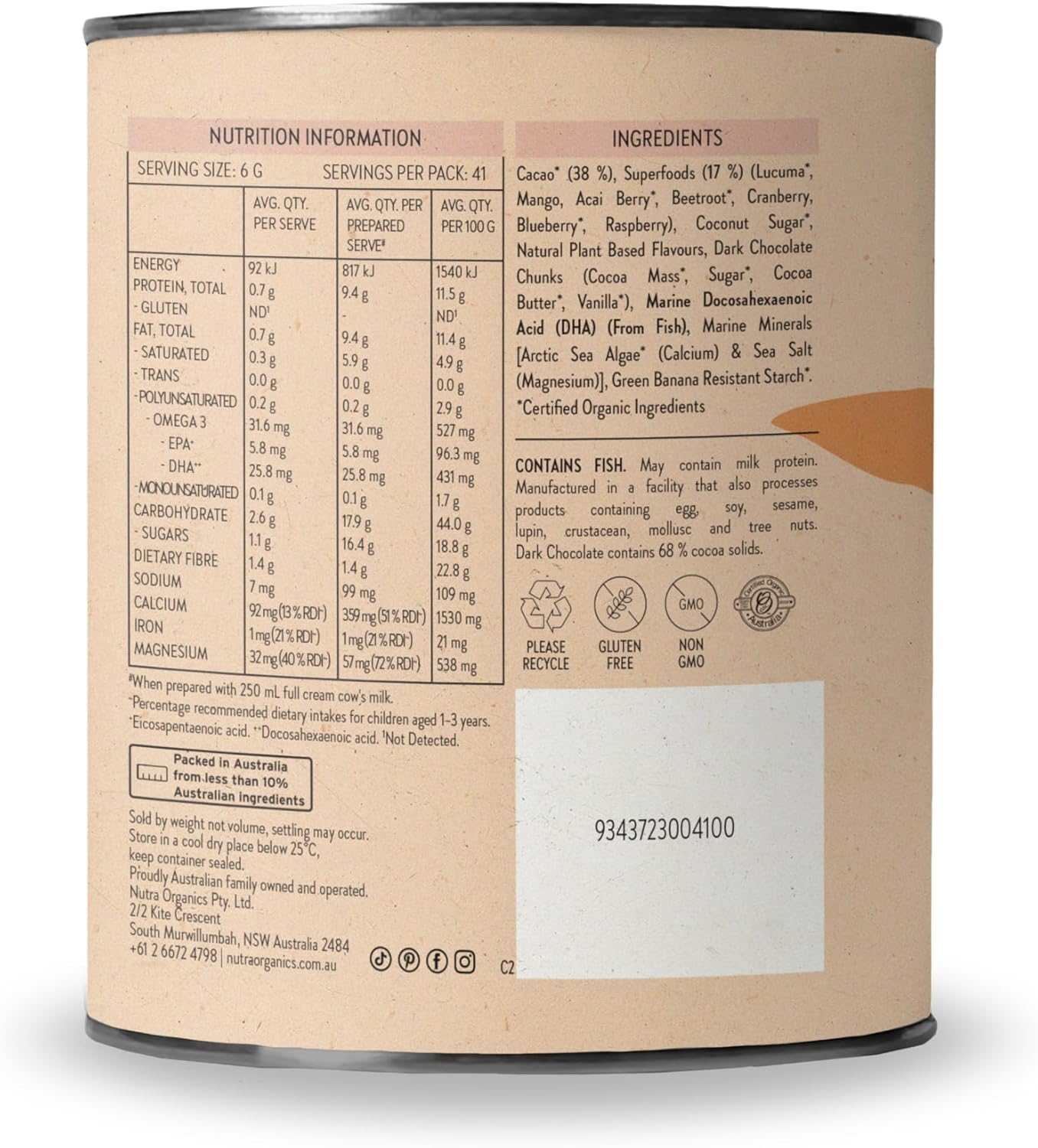 Nutra Organics Choc Whiz Brain Boosting 250G | Wholefood Drink for Kids | Cognitive Function, Teeth & Bones, Energy & Growth Support (50 Serves)