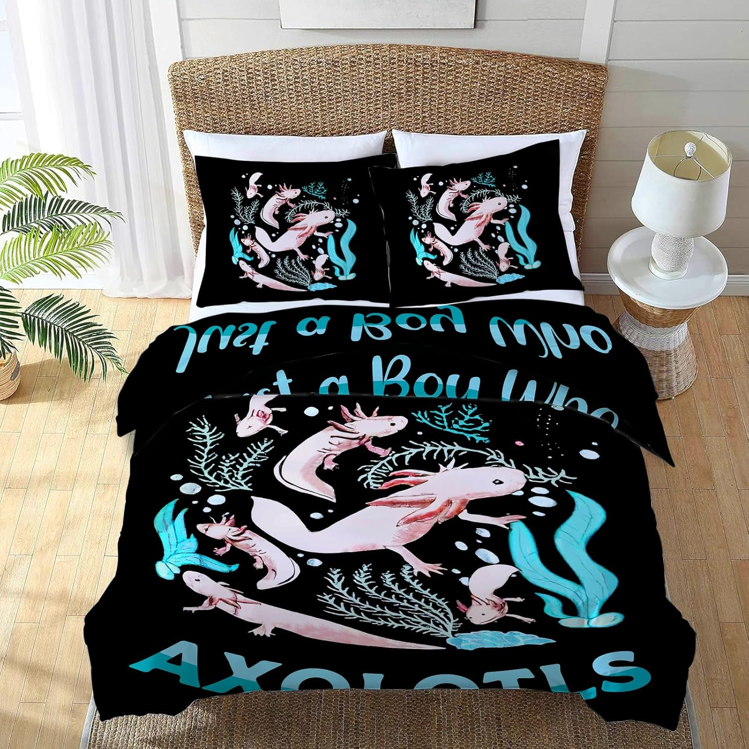 Cute Salamander Comforter Set Kawaii Axolotl Duvet Cover Axolotl Bedding Set Twin Full Queen King Size Animals Quilt Set for Boys Girls Kids Teenagers Adults Men Women with 2 Pillowcases 90"X90" image number 1