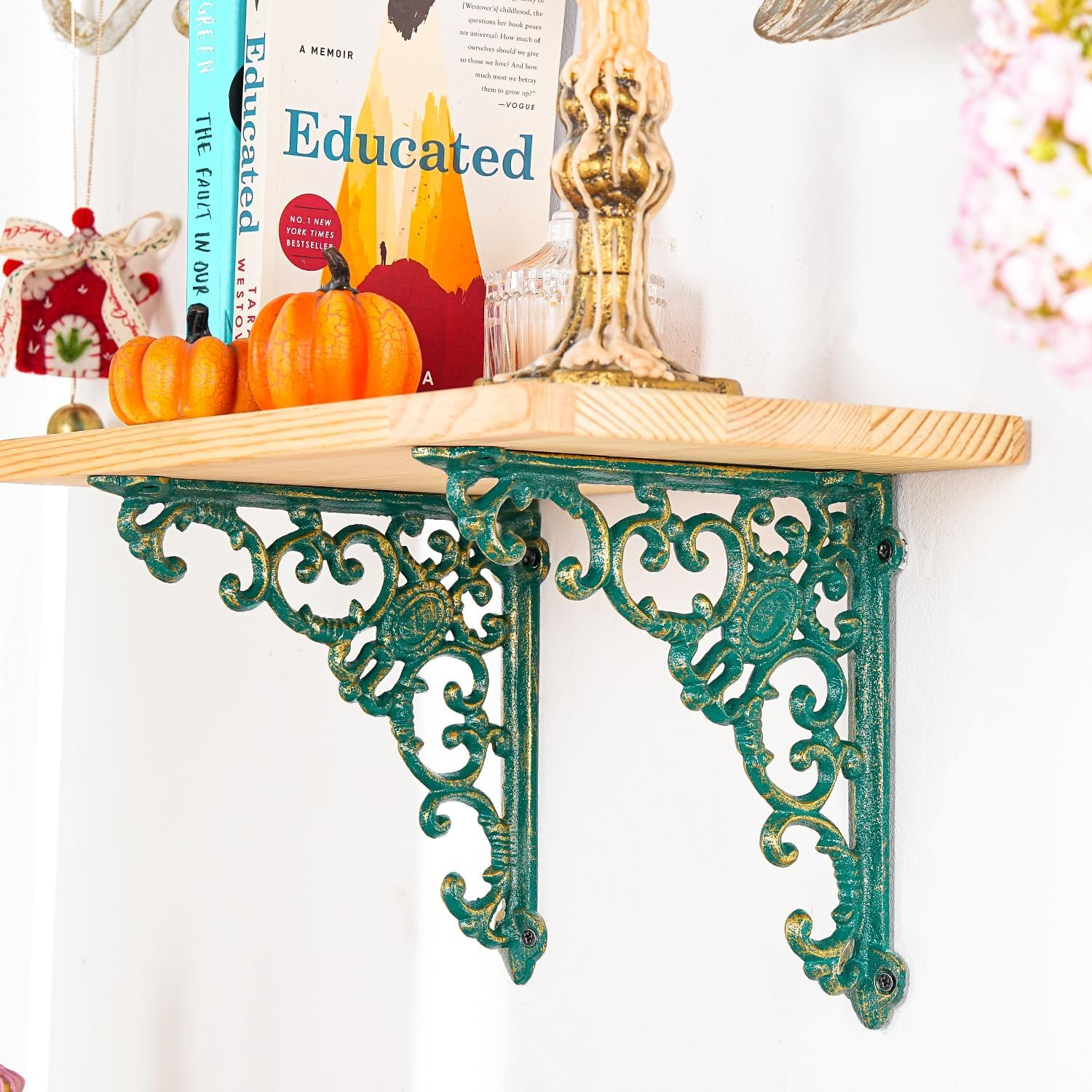 Sungmor Vintage Cast Iron Shelf Brackets - Ornate Decorative Corner Shelf Supports, 2 Pack Garden Wall Hanging Bracket - 7.7 Inch Rustic Green Metal Corbels with Scroll Design, Indoor Outdoor Use image number 5