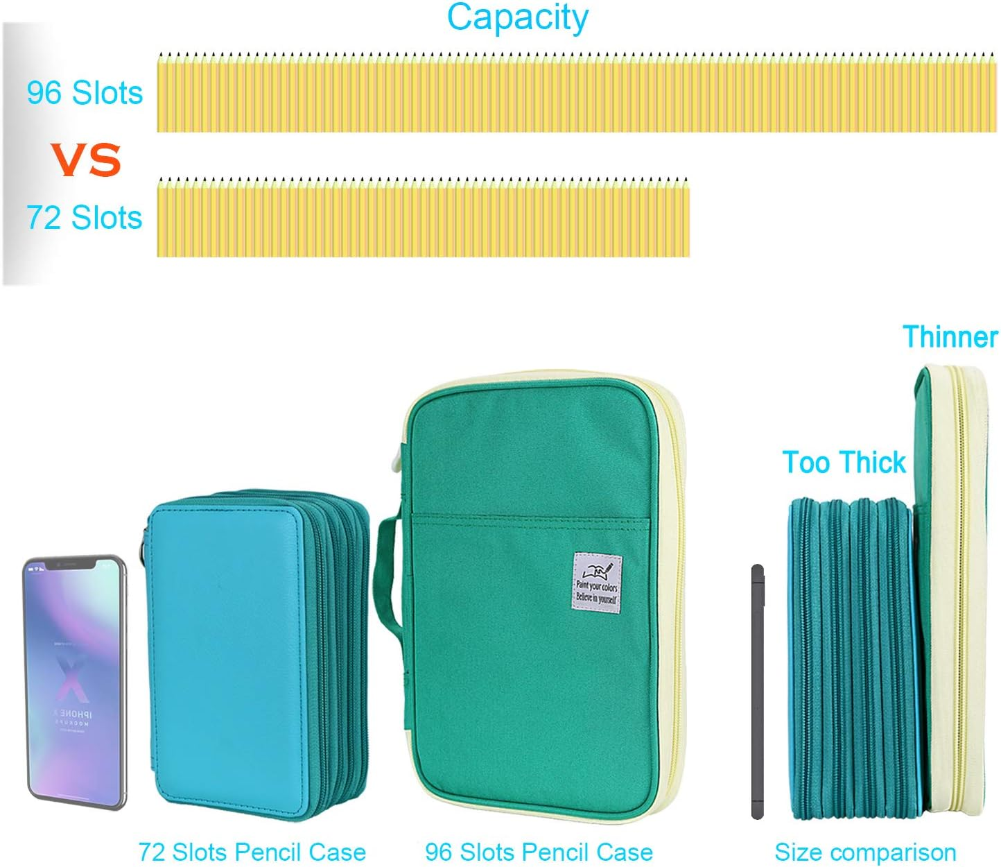 YOUSHARES 96 Slots Colored Pencil Case, Large Capacity Pencil Holder Pen Organizer Bag with Zipper for Prismacolor Watercolor Coloring Pencils, Gel Pens & Markers for Student & Artist (Green) image number 1