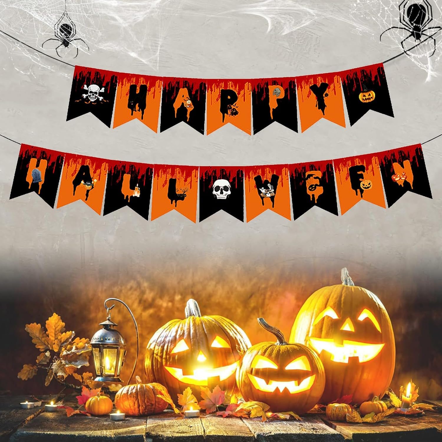 JCBCKJ Halloween Banner - Happy Halloween Bunting with Pumpkin Sign, Perfect for Halloween Party Decorations