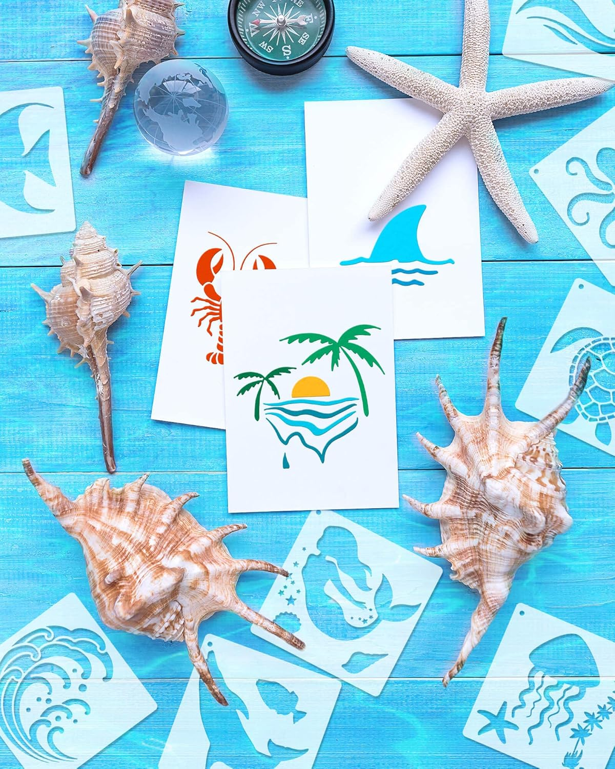 Vomika 36PCS Reusable Ocean Creatures Stencils, Sea Animal PET Template, DIY Craft Paint Stencil with Metal Open Ring, for Painting on Floor Wall Wood Paper Fabric Furniture, 5.1X5.1 Inches image number 3