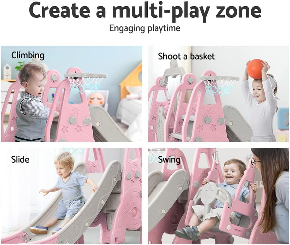 Keezi Kids Slide Swing Set with Basketball Hoop, 3 in 1 Climbing Frame Cubby House Toddler Fold up Cardboard Slides Playground Outdoor Indoor Activity Sports Center Gym, Ball Pump Pink