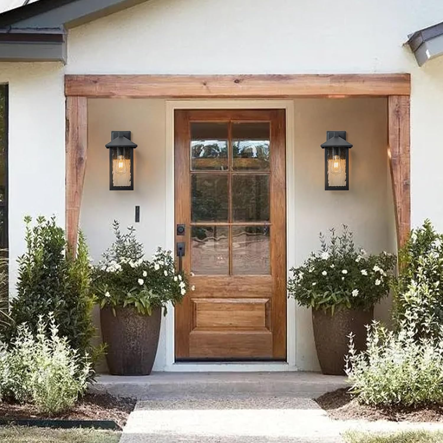 FTL Outdoor Wall Light Fixture, E27 Exterior Wall Light, Modern outside Porch Light with Water-Rippled Glass, IP44 Waterproof Outdoor Wall Sconce Lamp for Garden, House, Garage, Matte Black image number 1