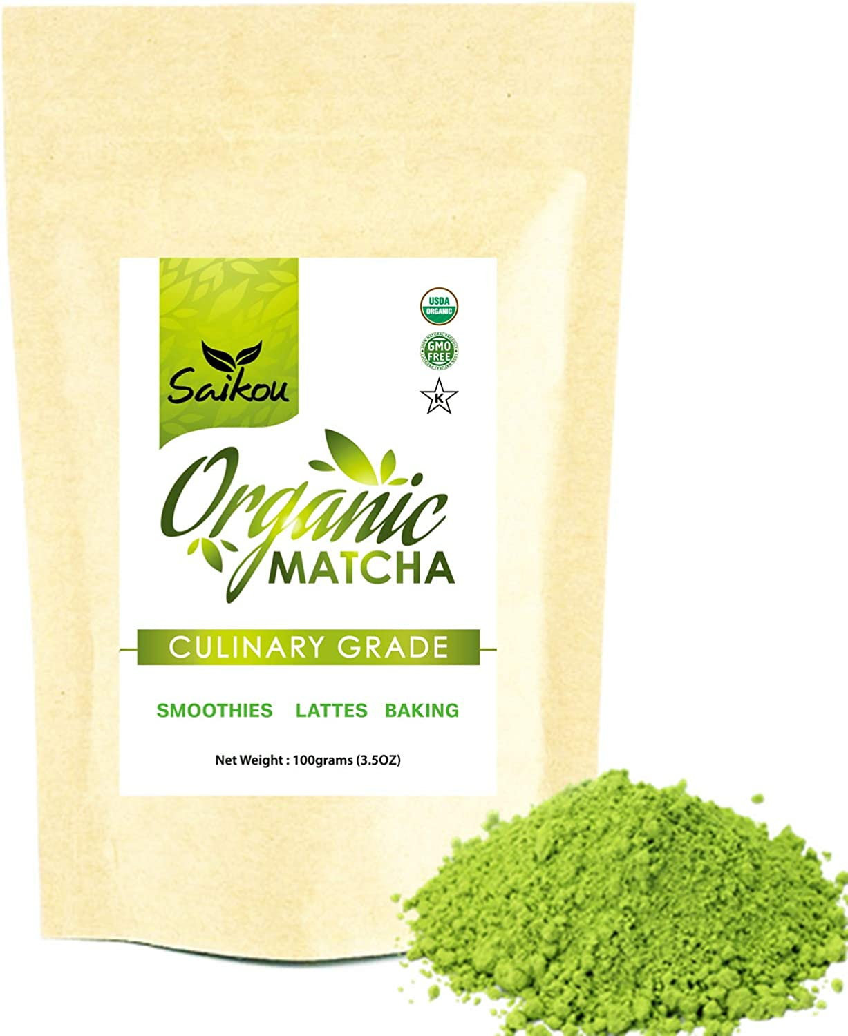 Saikou Matcha Green Tea Powder 3.5Oz (100G) Premium Culinary Grade USDA Organic Certified for Lattes, Smoothies, Baking, Herbal Tea, Detox Tea & Slim Tea Natural Energy & Sugar Free image number 2