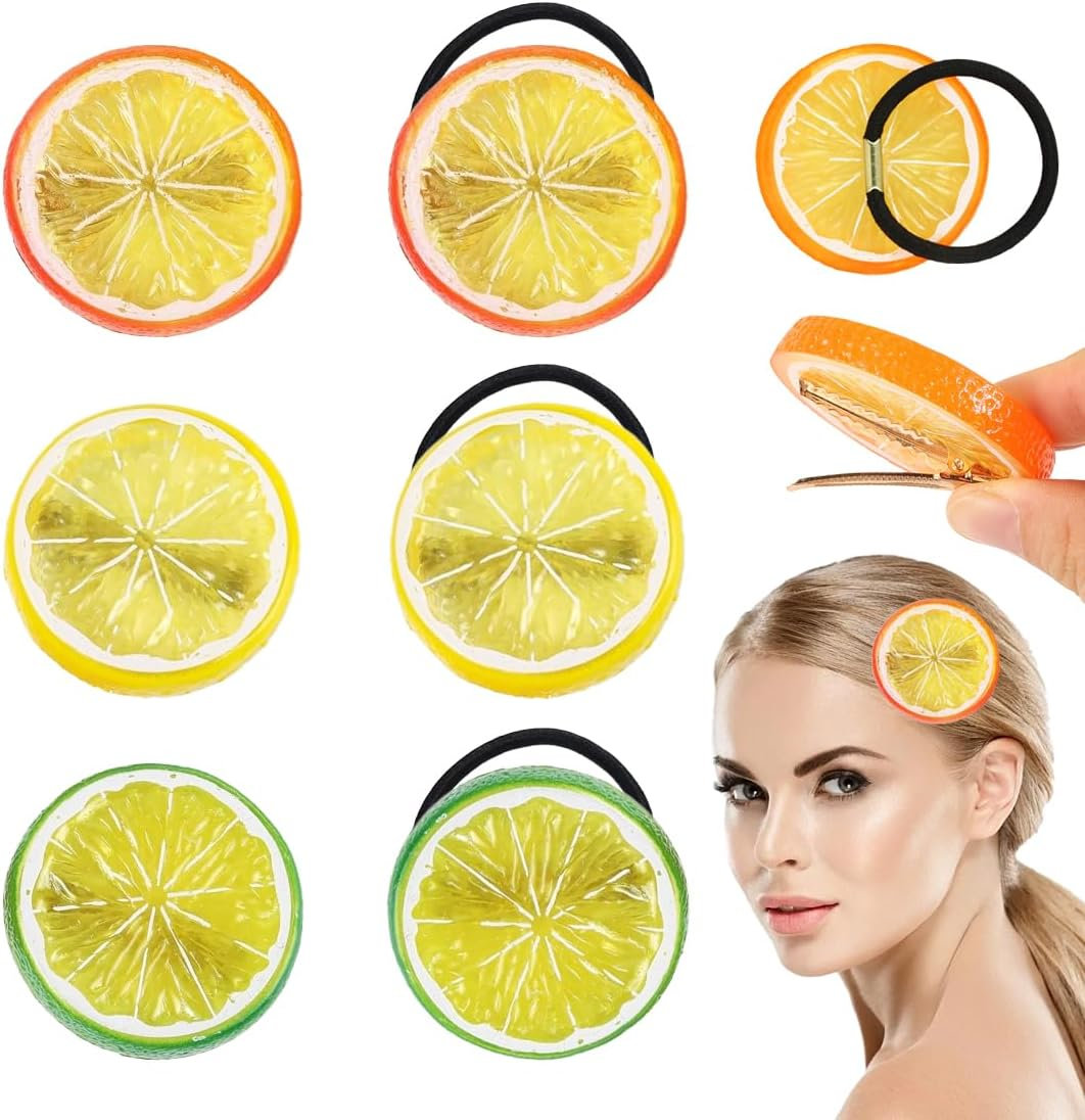 HQRKOTM 3 Pieces Hair Clips + 3 Discs Elastic Hair Scrunchie Girls Women Cute Fruit Hair Accessories for Party, Banana Clip, Hawaiian Decoration (Yellow + Orange + Green) image number 4