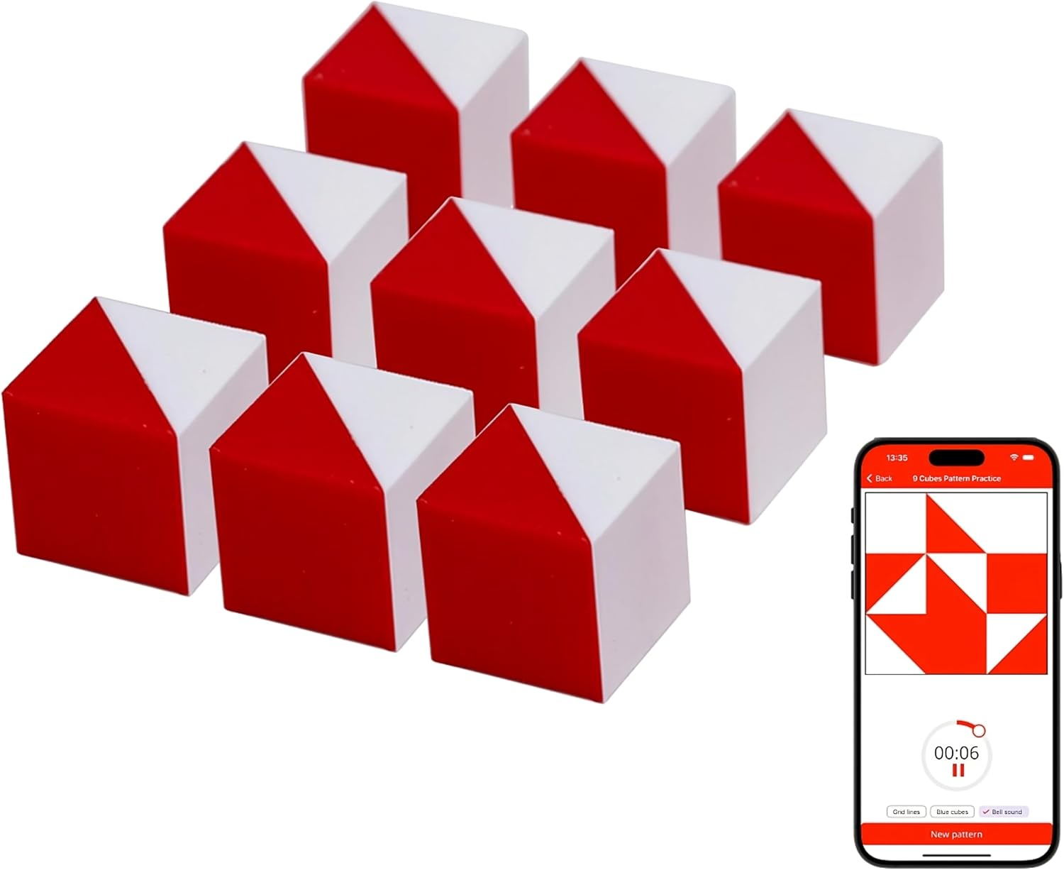 Prfcnl IQ Test Cube (Basic Red) - 9 Kohs Cubes for Block Design Test WPPSI WAIS IV and WISC V Tests image number 1