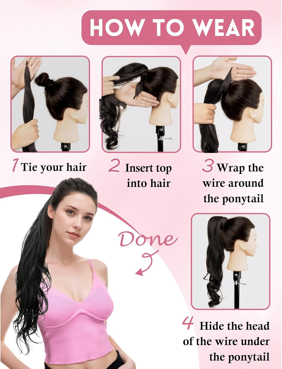 Flexible Wrap around Ponytail Hair Extensions Long Wavy Curly Hair Extensions Natural Ponytail Fake Pony Tail Natural Black Synthetic Ponytails Hairpiece for Women Daily Use Black image number 2