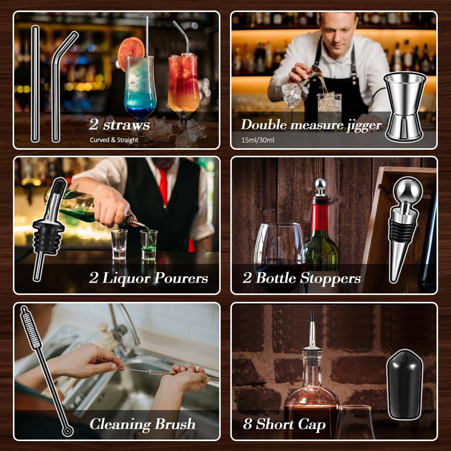 Mixology Bartender Kit Bar Set with Bamboo Stand, 28Pcs 24Oz Cocktail Shaker Set Cocktail Kit, Professional Stainless Steel Bar Tool Set, Black image number 2