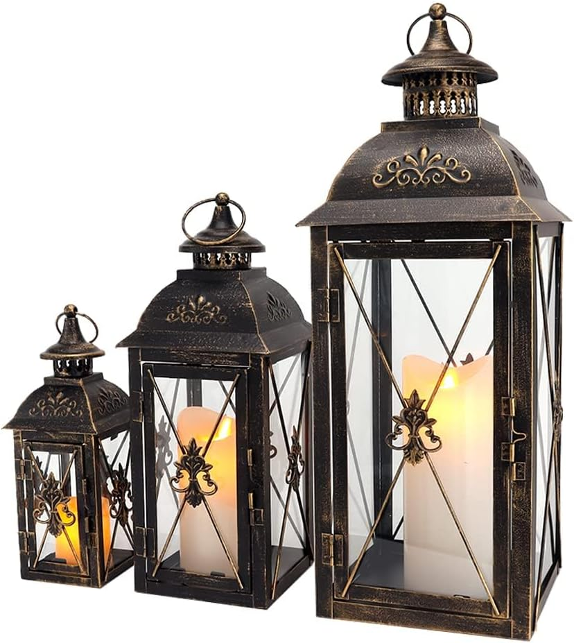 TRIROCKS Set of 3 Decorative Hanging Lantern 19'' High Vintage Metal Candle Holder with Clear Glass Perfect for Living Room Garden Yard Patio Parties Events Indoors Outdoors (Black) image number 3