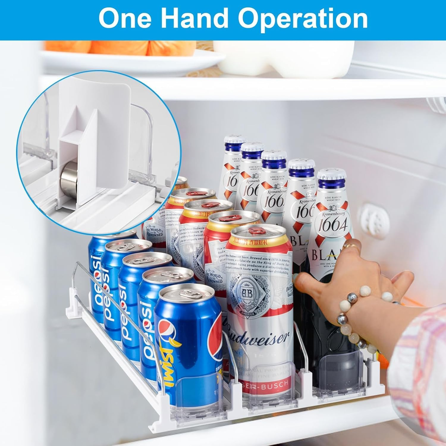 Can Dispenser for Refrigerator - Automatic Pusher Glide, Fridge Bottle Rack Drink Organizer, Self-Pushing Width Adjustable Beverage Storage Holds up to 10-15 Cans (M) image number 5