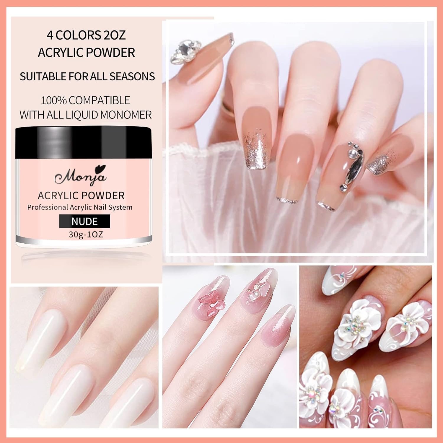 Monja Acrylic Powder - 4PCS 30G Professional Colored Acrylic Nail Powder for Acrylic Nails Extension 3D Nail Art Acrylic Polymer Powder Manicure Salon DIY No Need Nail Lamp