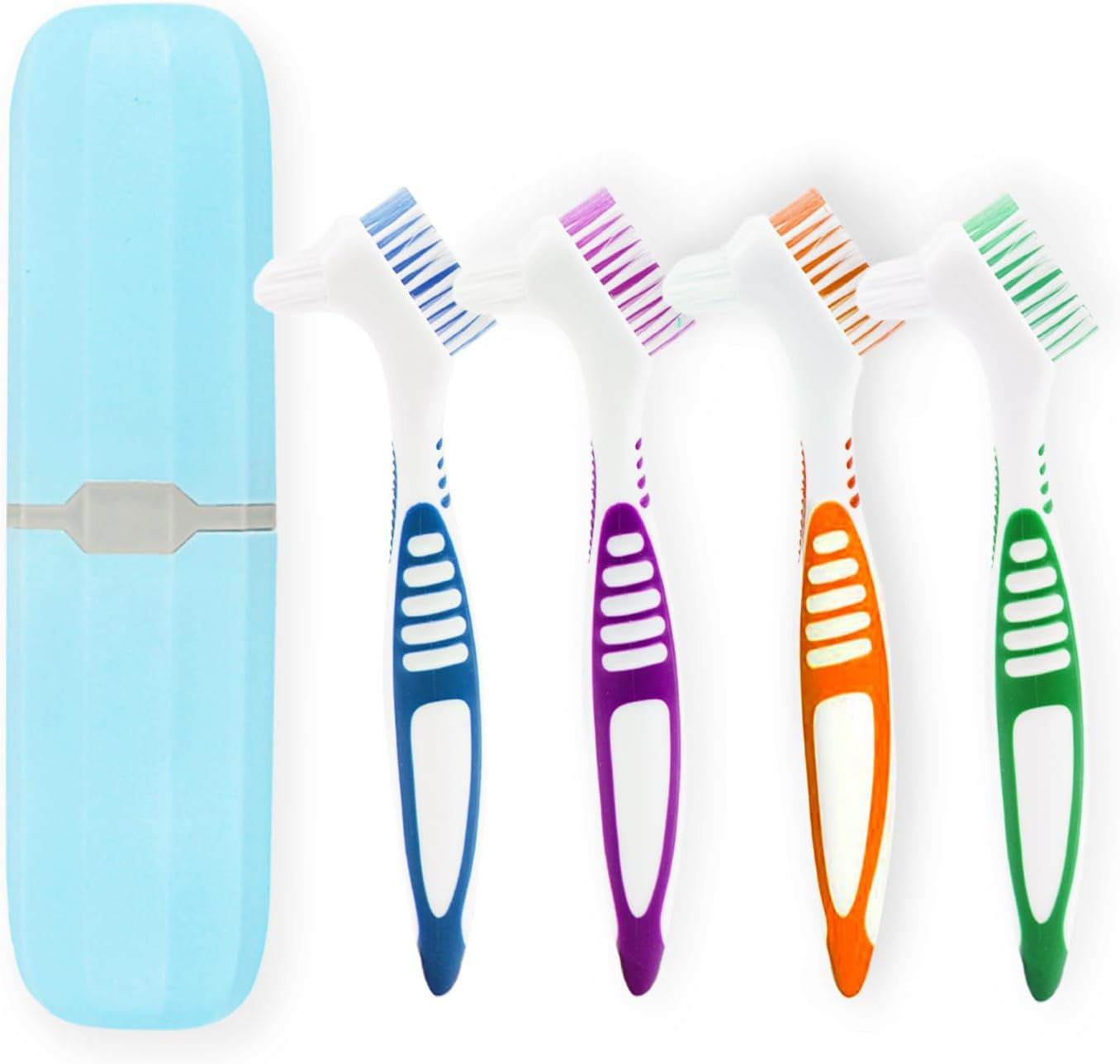 4 Pcs Denture Cleaning Brush and 1 Pcs Storage Case, Portable Denture Toothbrush, Retainer Brush With, Double Sided Toothbrush (4 Colors and Blue) image number 6