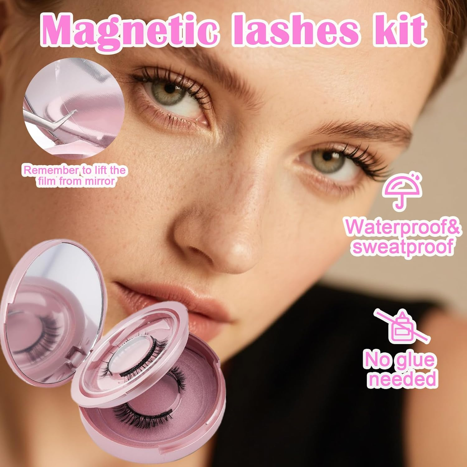 2Pcs Magnetic Eyelashes Kit, Self Adhesive Lashes, Dense Type, Super Natural Look, Reusable, Waterproof (24P+KS01) - K8+Mc001 image number 6
