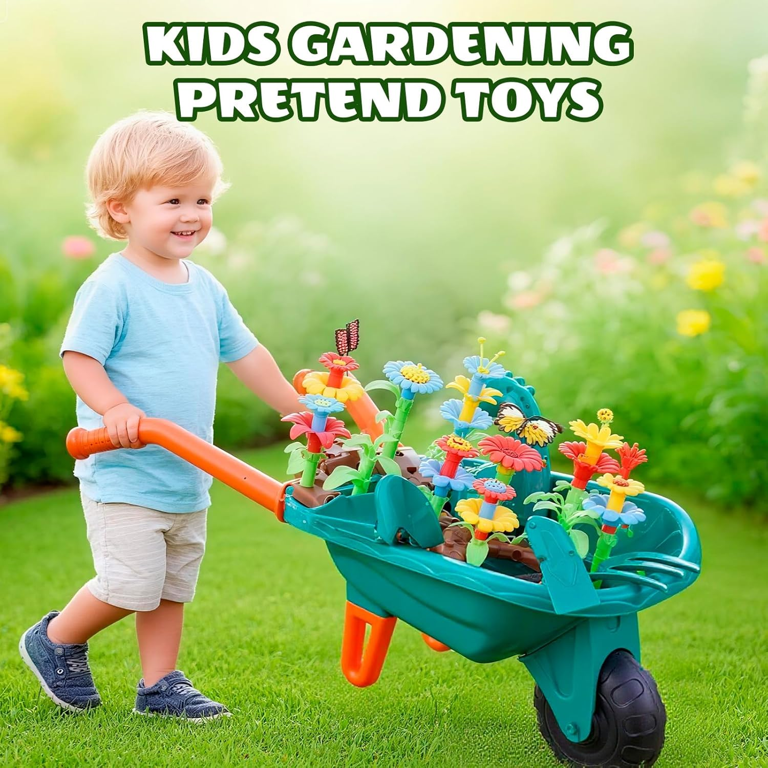 Kids Gardening Tool Set with Wheelbarrow, Watering Can, Gloves, Rake, Shovel - Fun Outdoor Indoor Pretend Toys for Toddlers Boys Girls Ages 3-7