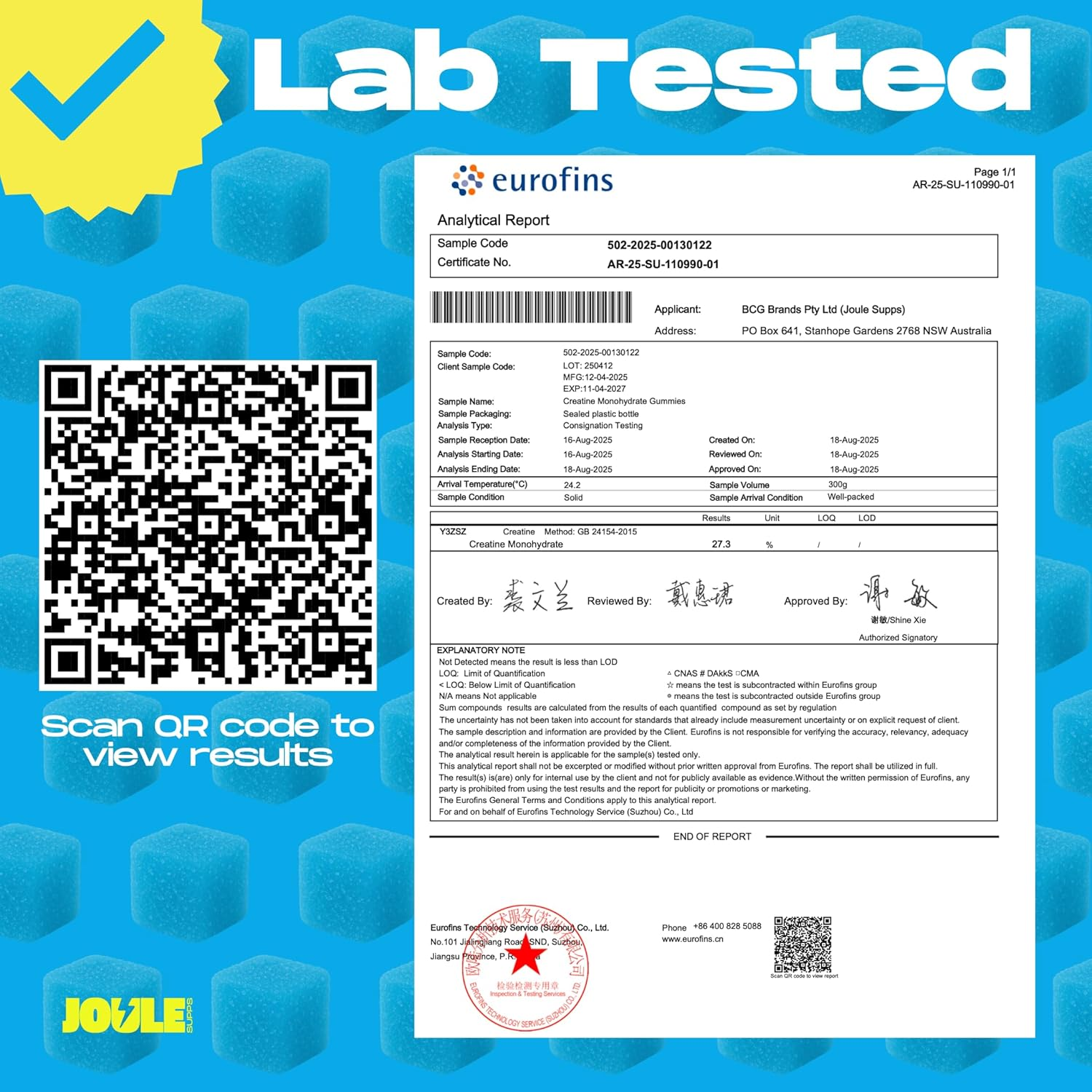 Creatine Monohydrate Gummies - 5,000Mg Creatine, 30 Servings (4 Gummies per Serving), 3Rd Party Lab Tested, Creatine Supplement for Men & Women, Electric Blueberry Flavour - Joulesupps image number 3
